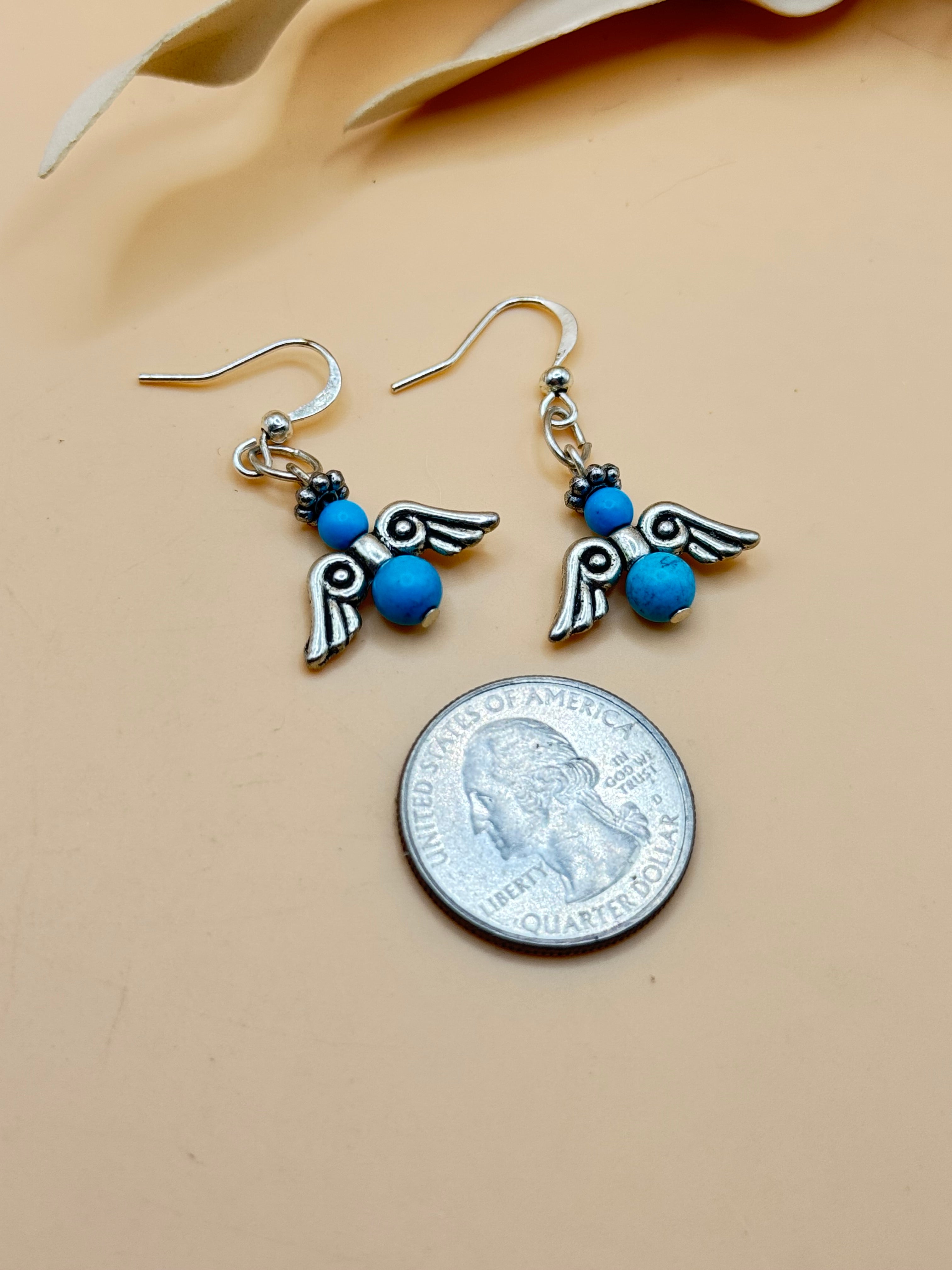 Blue Beaded Silver Tone Angel Dangle Earrings