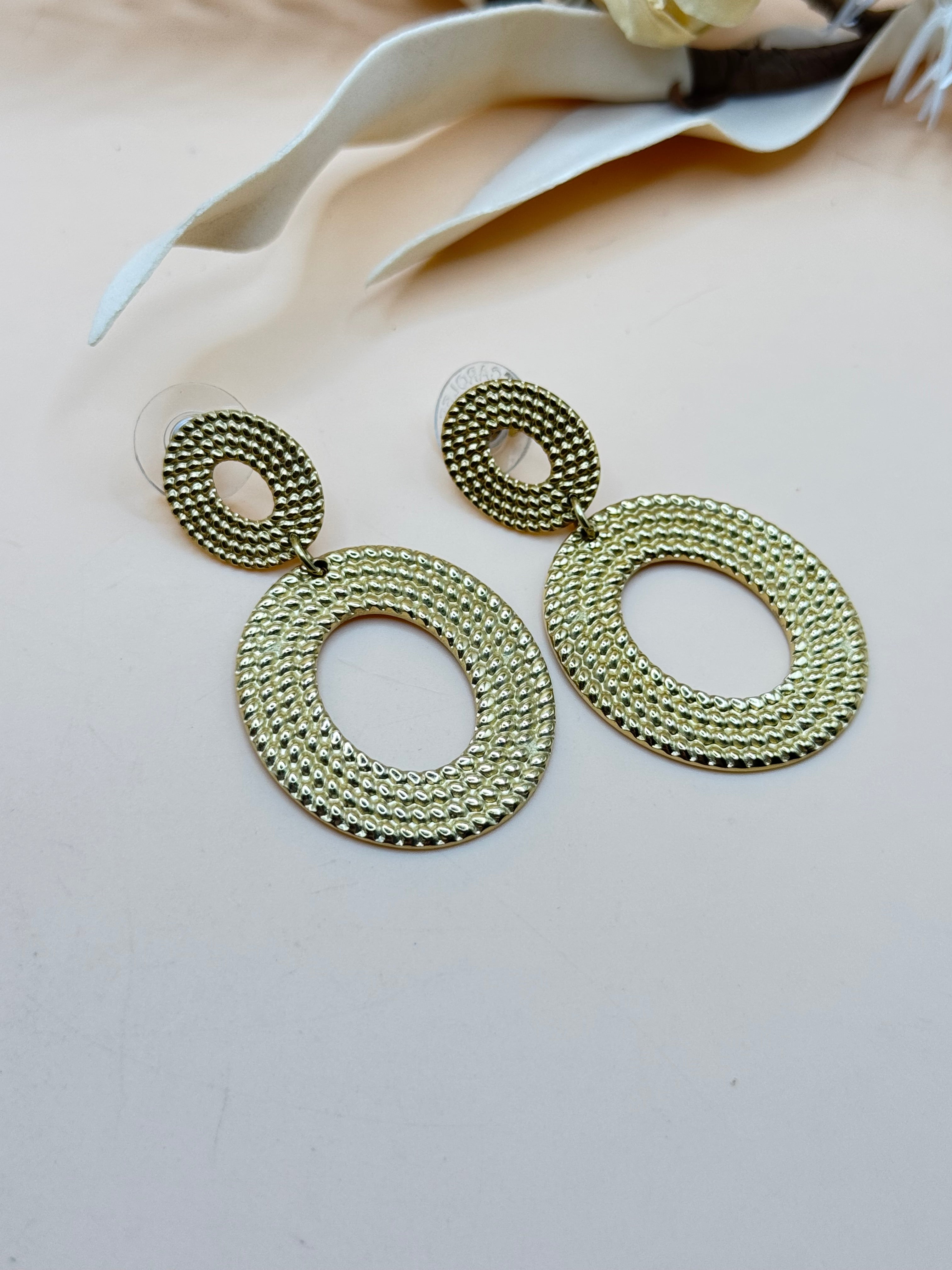 Gold Tone Textured Double Circle Dangle Earrings