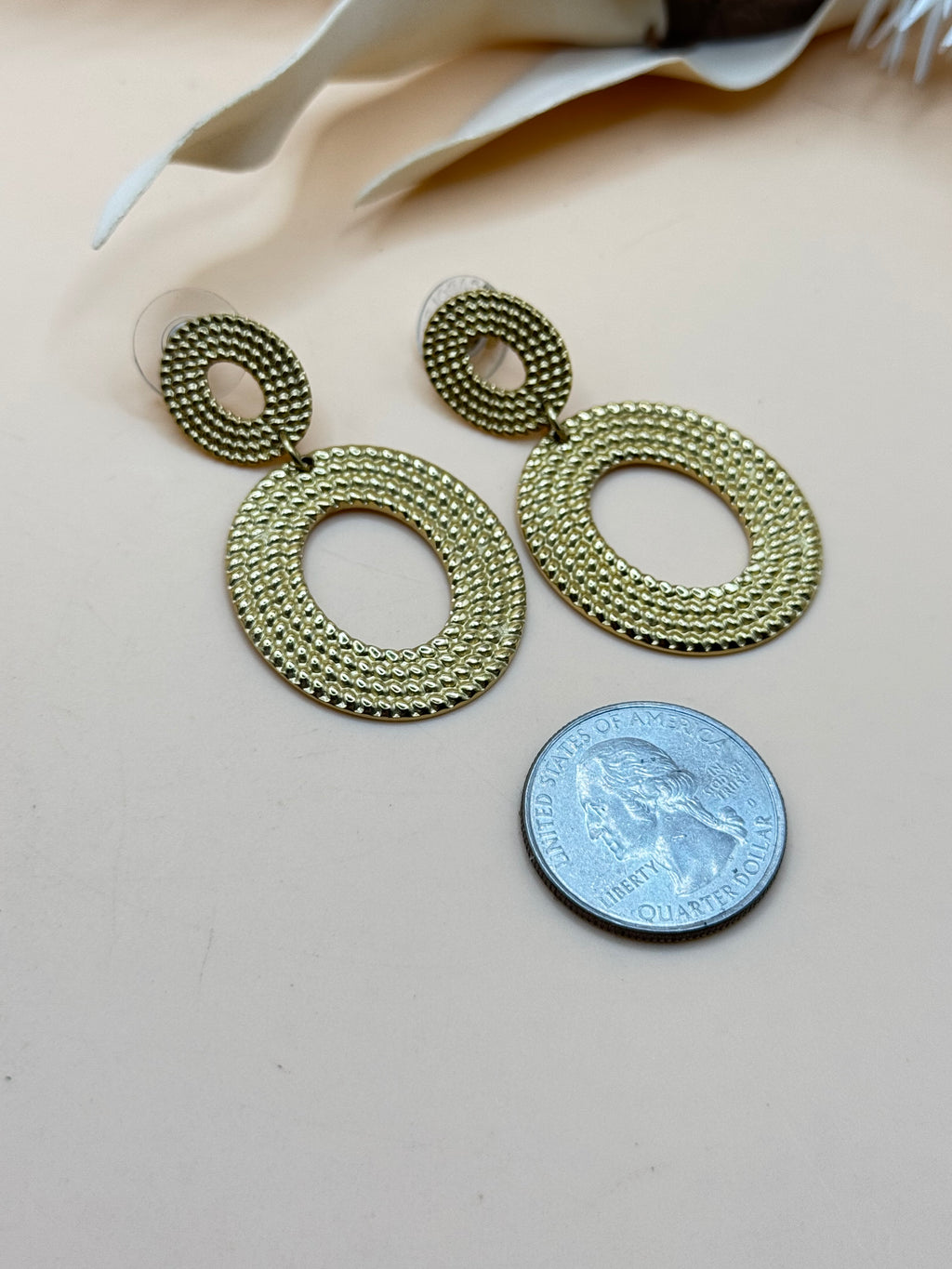 Gold Tone Textured Double Circle Dangle Earrings