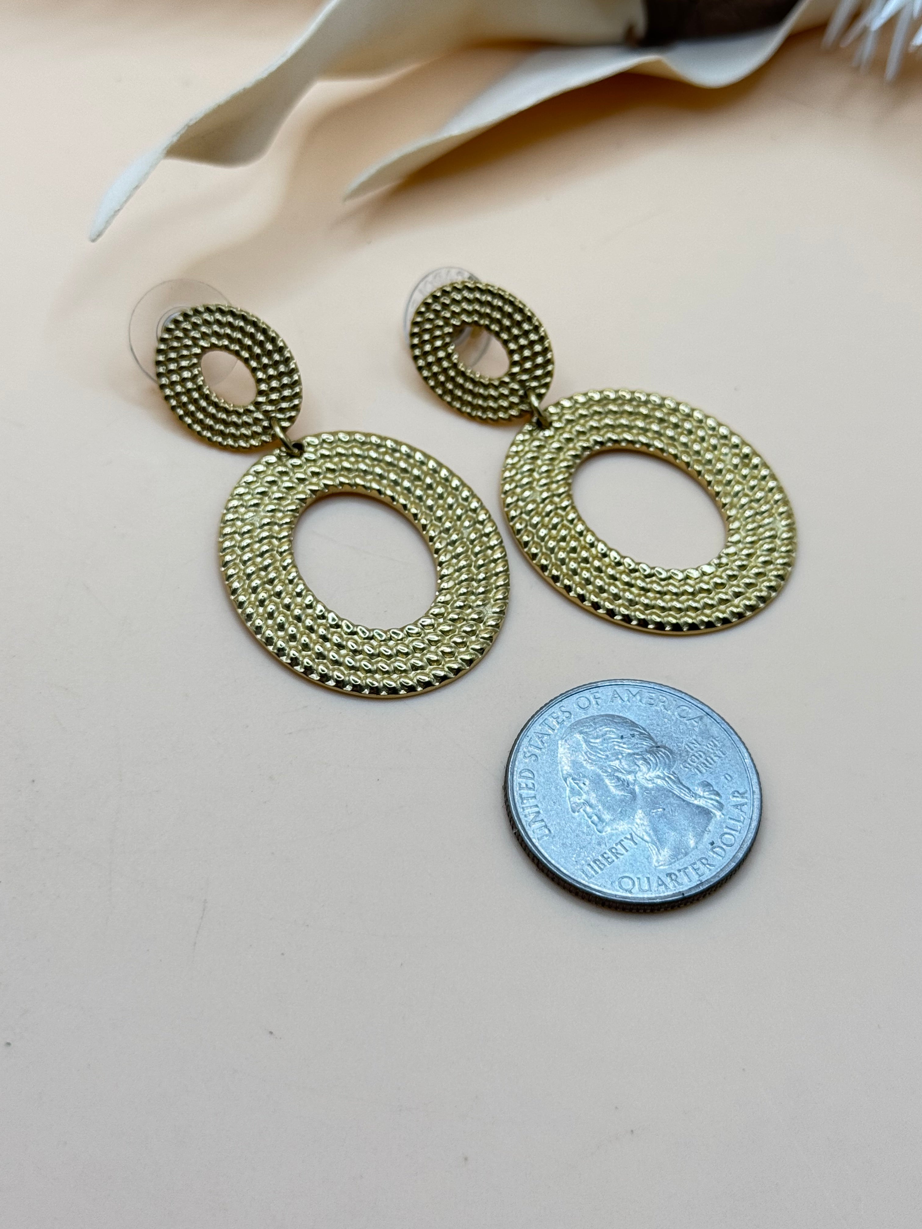 Gold Tone Textured Double Circle Dangle Earrings