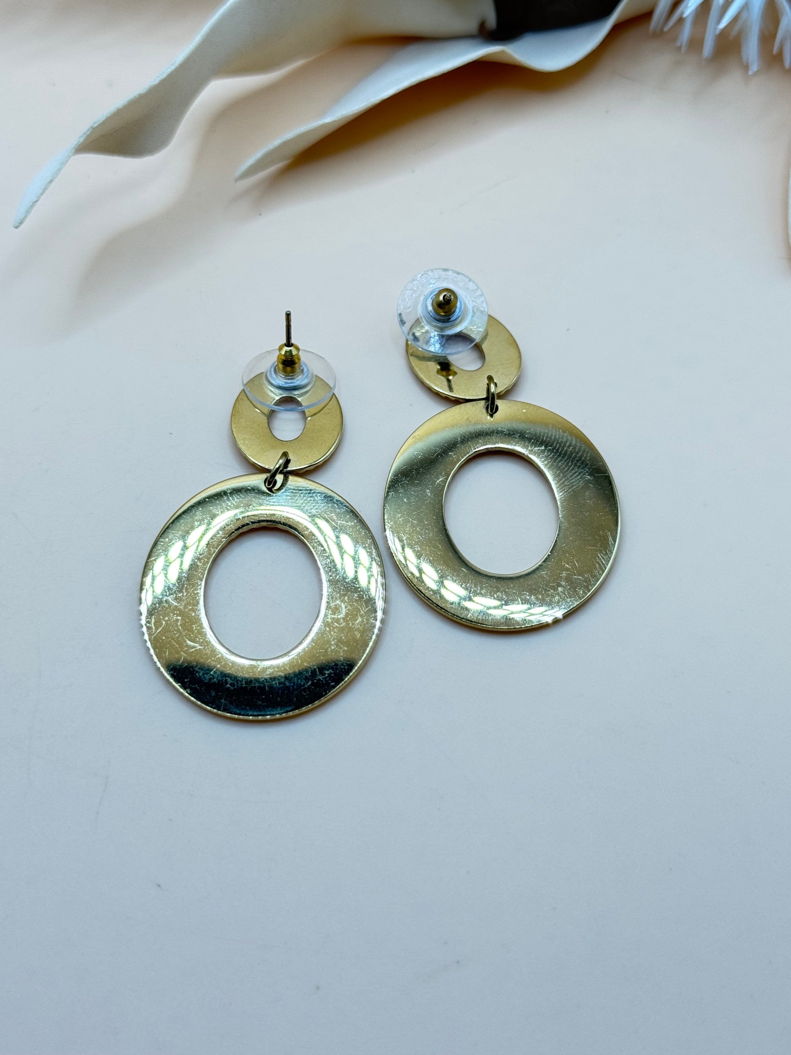 Gold Tone Textured Double Circle Dangle Earrings