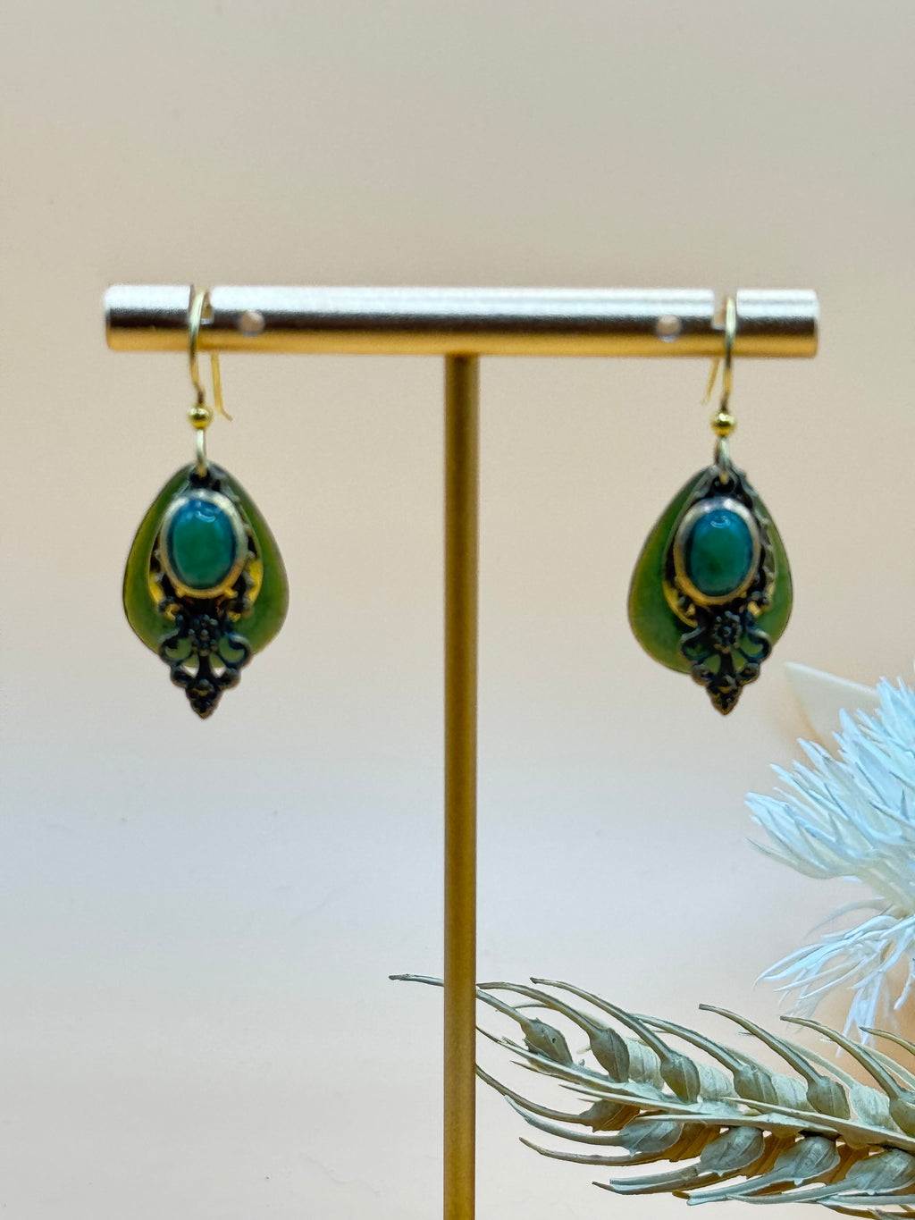Green Cabochon Layered Teardrop Dangle Earrings