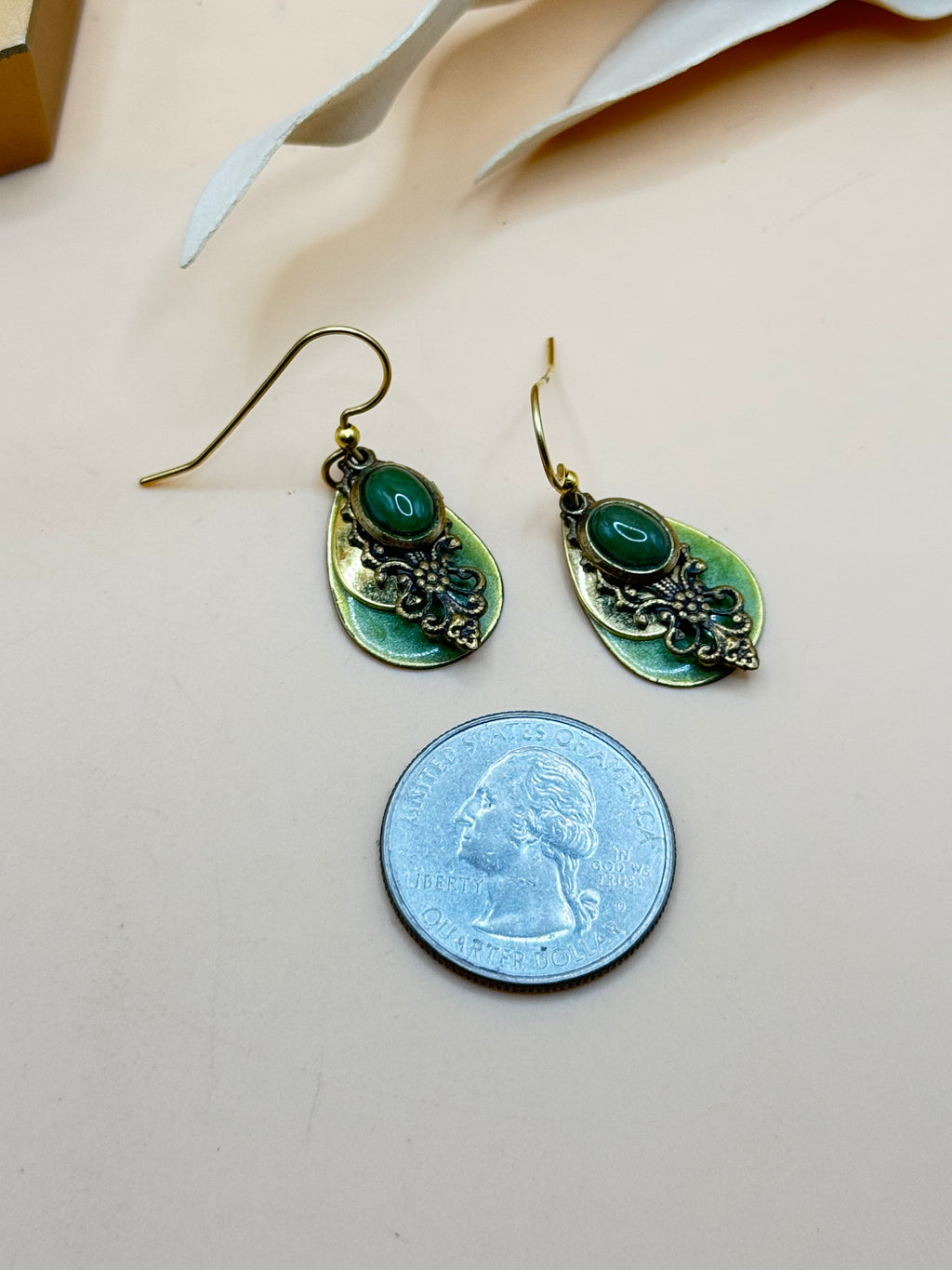 Green Cabochon Layered Teardrop Dangle Earrings