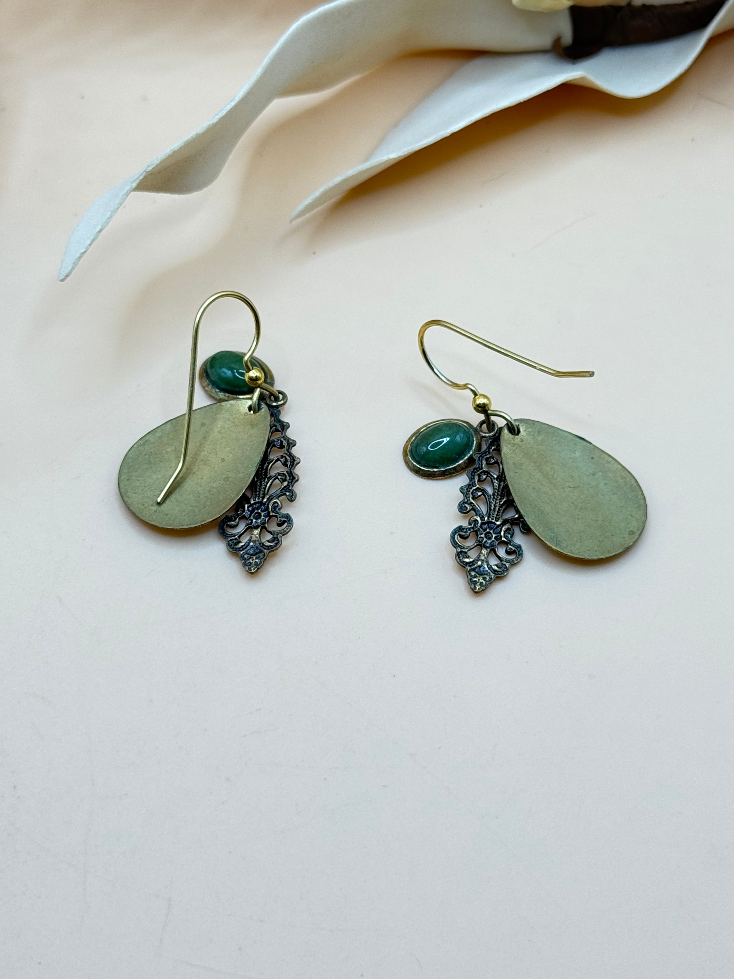 Green Cabochon Layered Teardrop Dangle Earrings