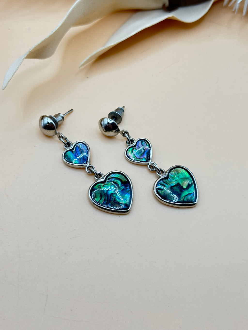 Abalone Shell Double Heart Silver Tone Dangle Earrings