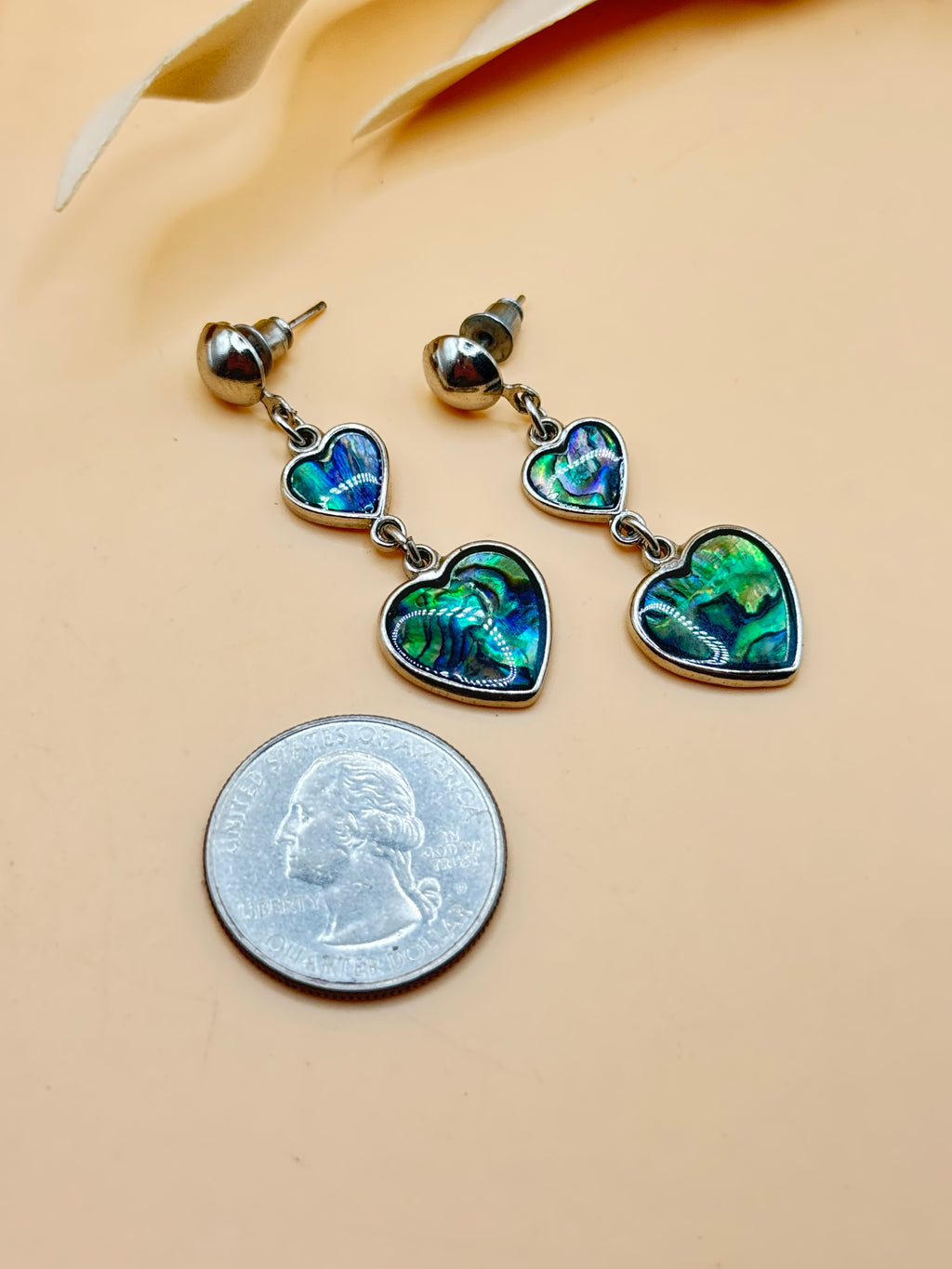 Abalone Shell Double Heart Silver Tone Dangle Earrings