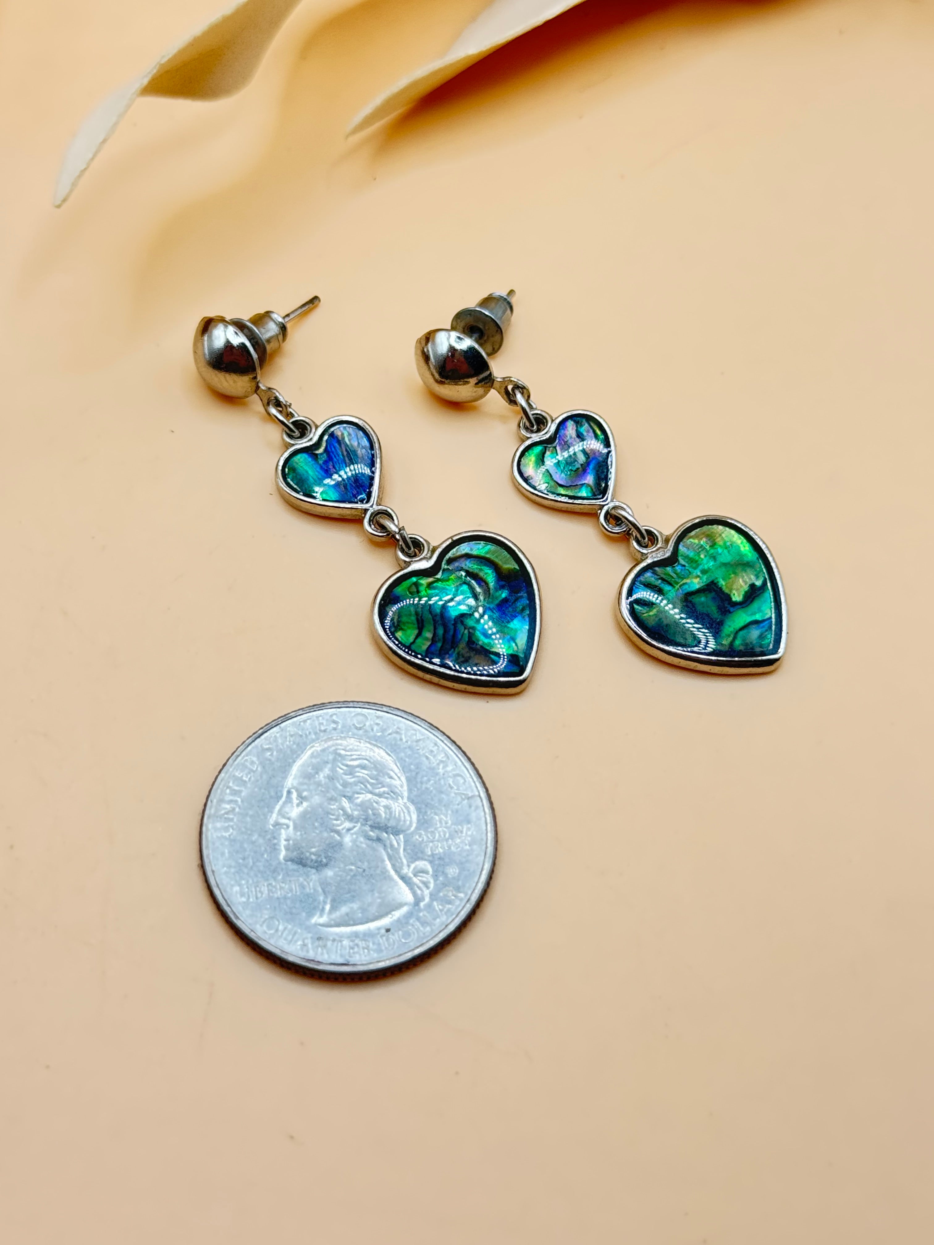 Abalone Shell Double Heart Silver Tone Dangle Earrings