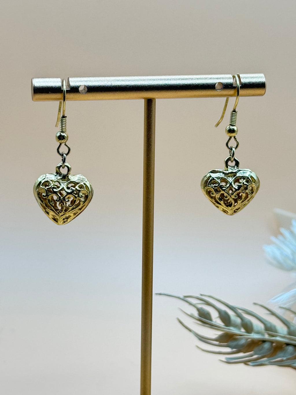 Vintage Gold Tone Ornate Puffy Heart Dangle Earrings