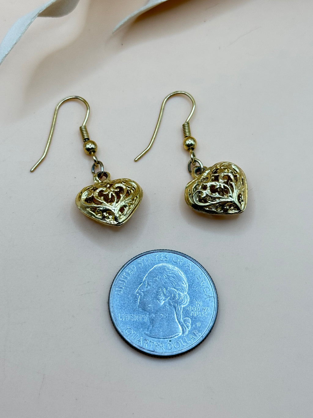 Vintage Gold Tone Ornate Puffy Heart Dangle Earrings