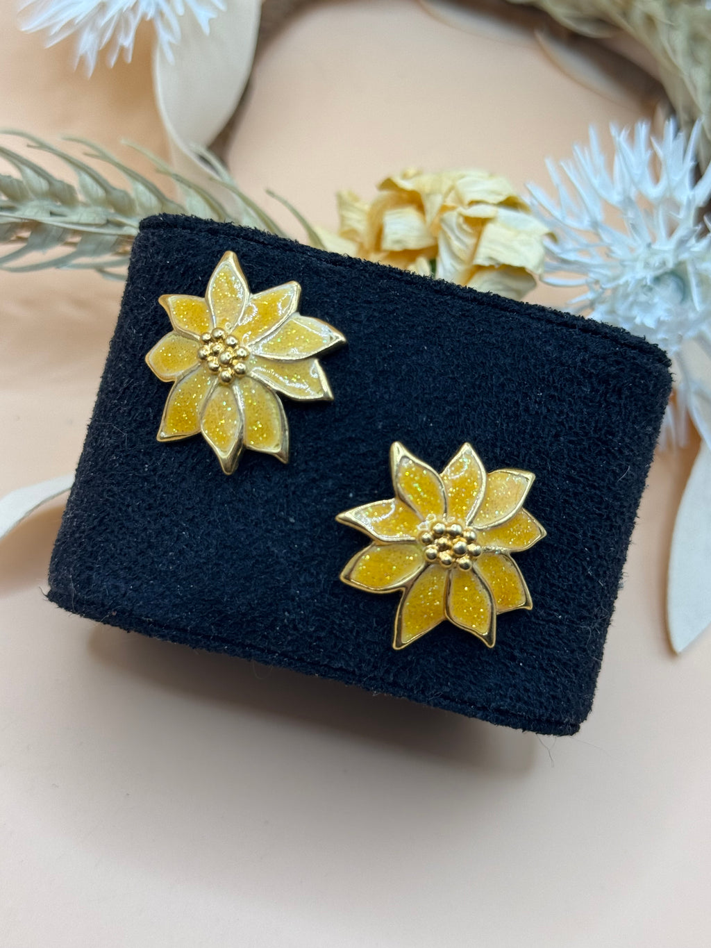 Vintage Yellow Glitter Gold Tone Flower Stud Earrings