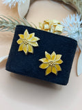 Vintage Yellow Glitter Gold Tone Flower Stud Earrings