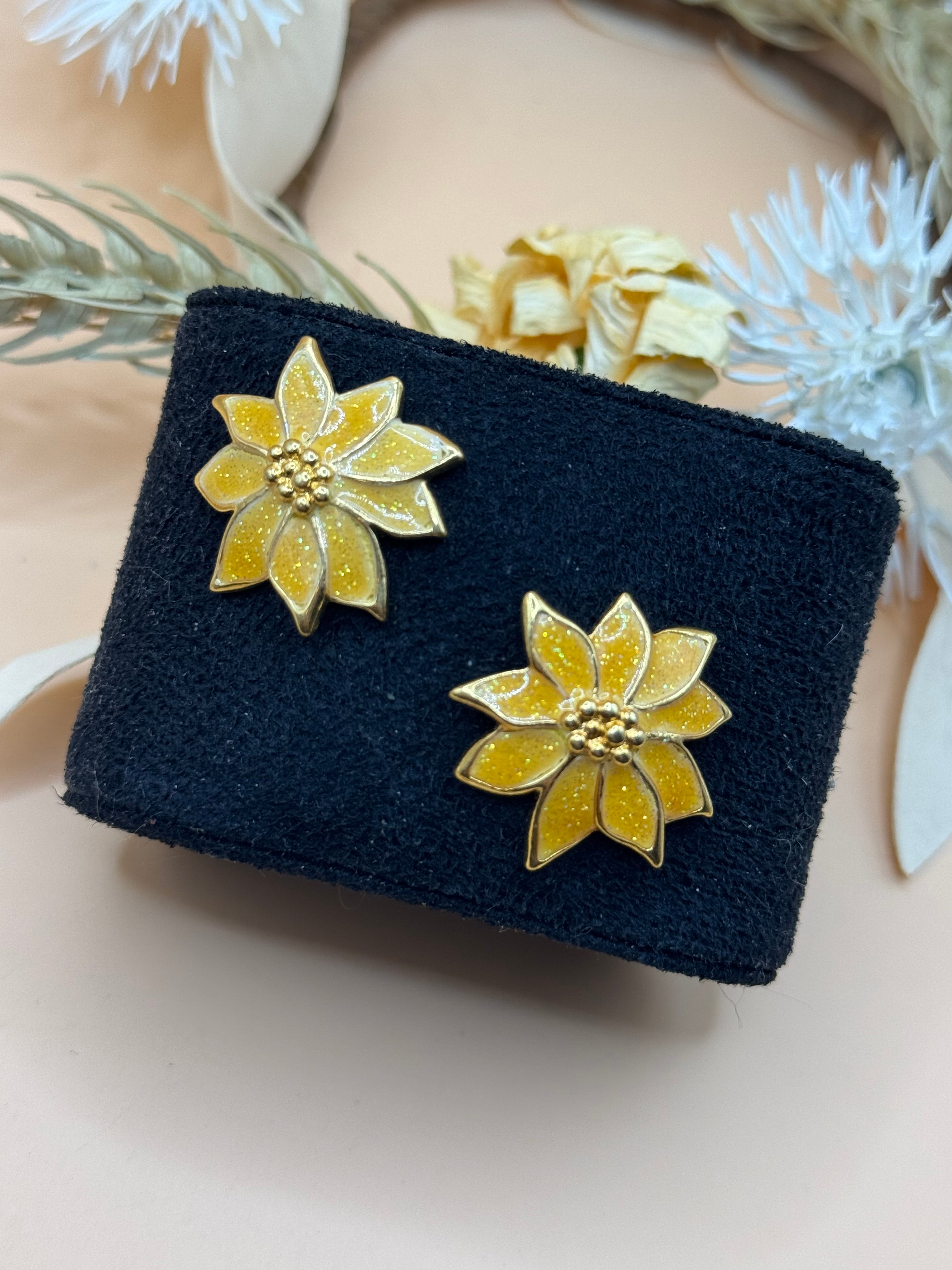Vintage Yellow Glitter Gold Tone Flower Stud Earrings
