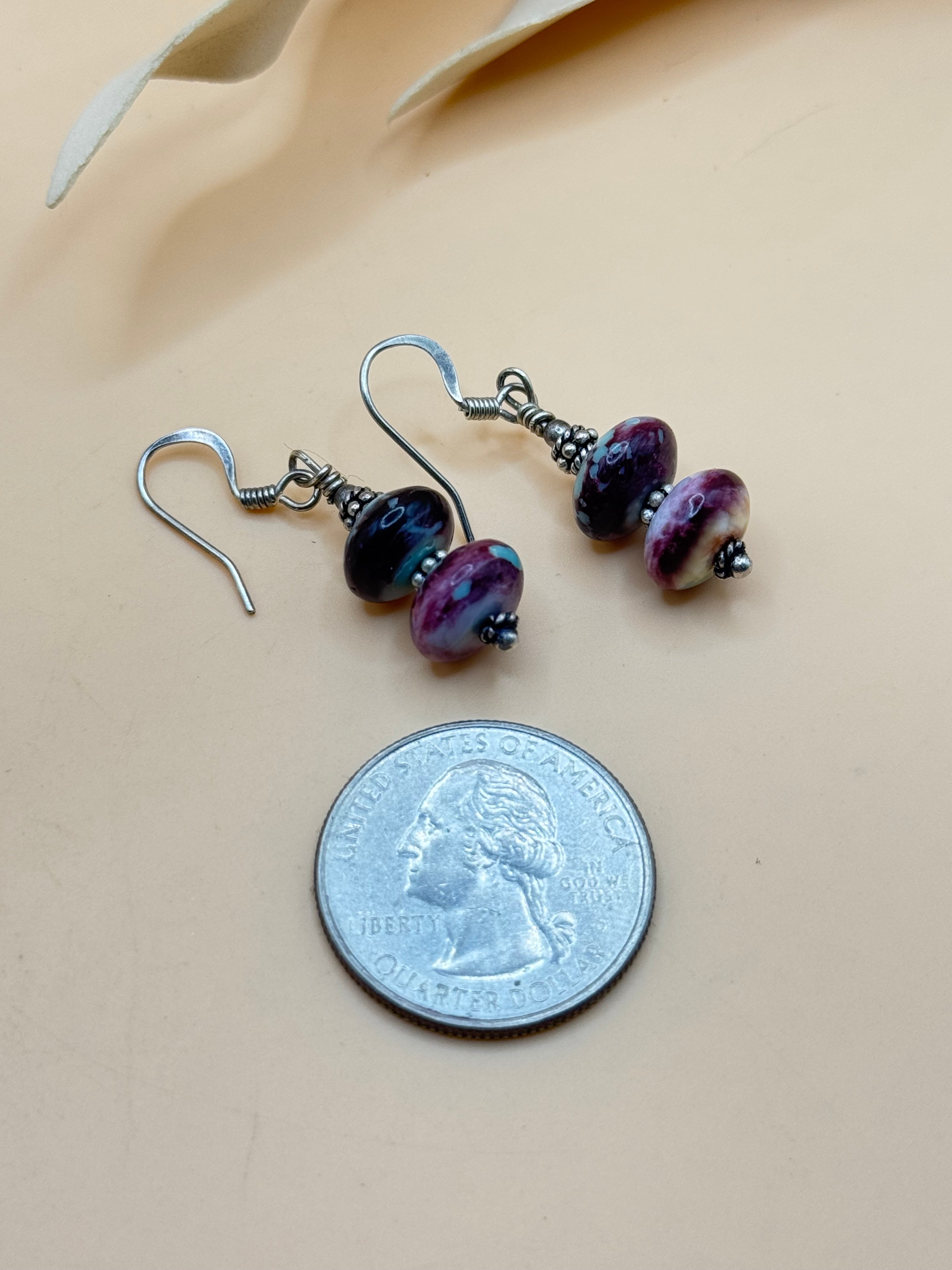 Purple and Blue Marbled Bead Silver Tone Dangle Earrings