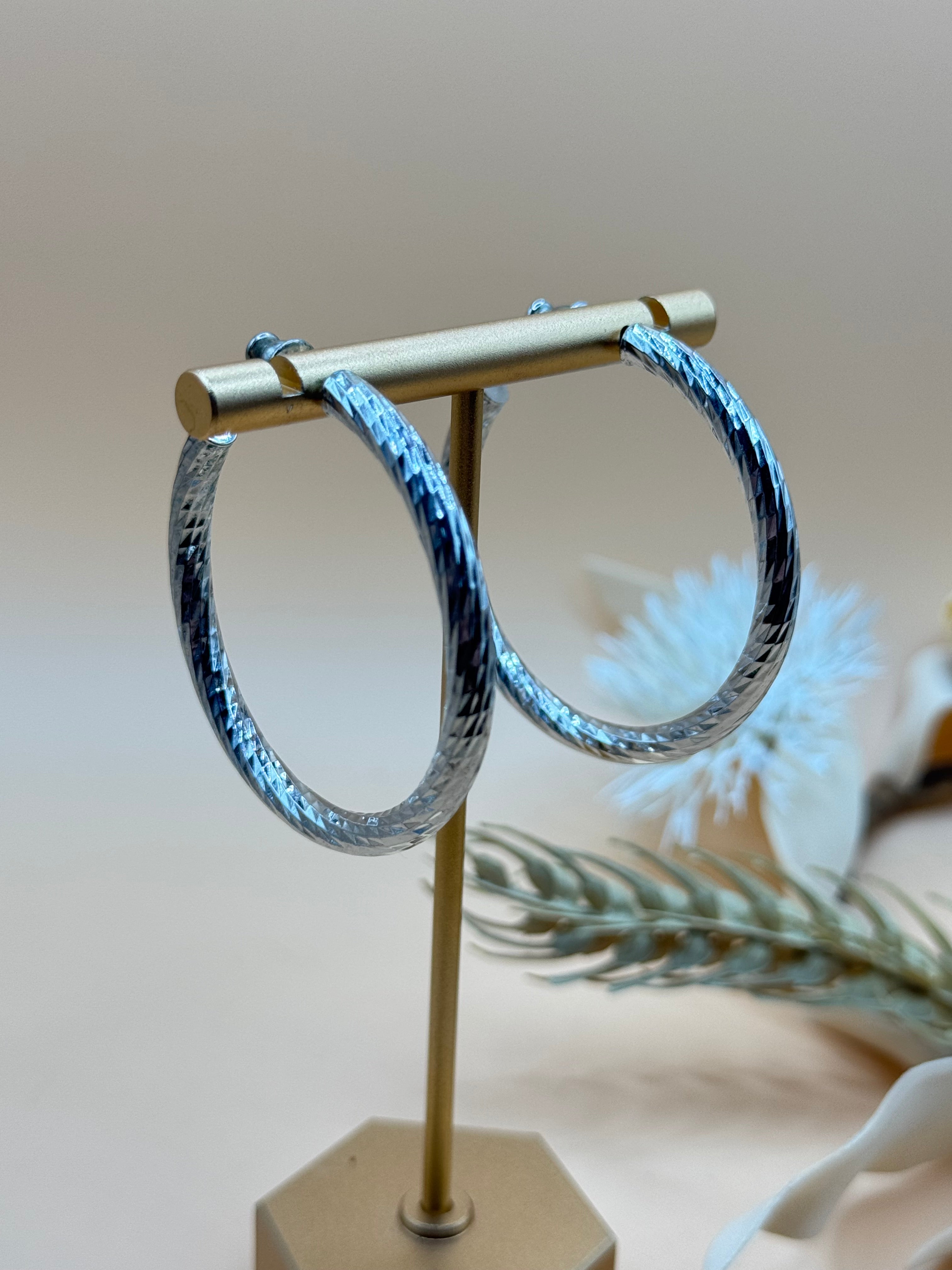 Vintage Silver Tone Diamond-Cut Large Hoop Earrings