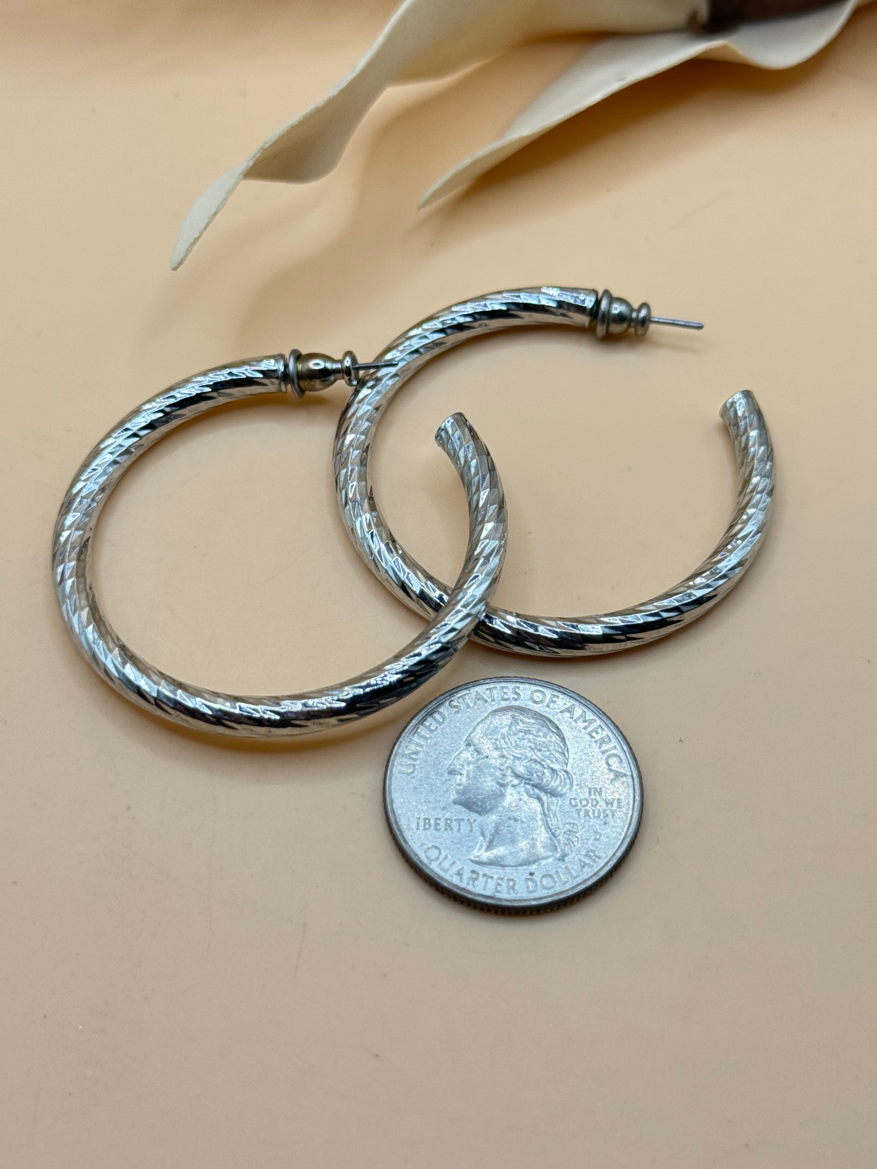 Vintage Silver Tone Diamond-Cut Large Hoop Earrings