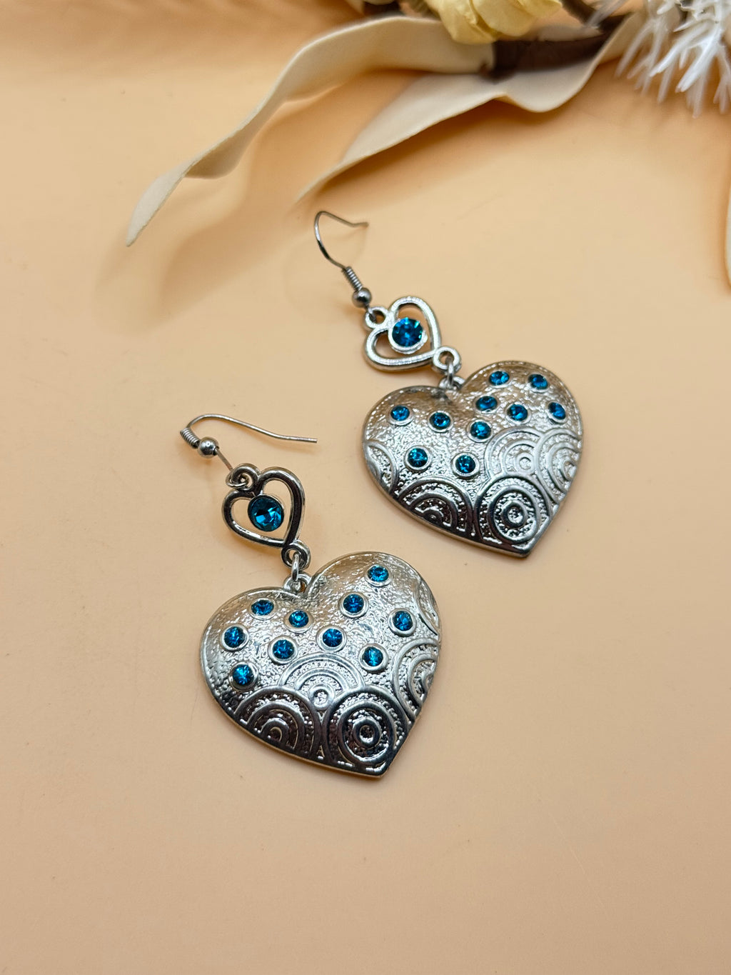 Blue Rhinestone Silver Tone Heart Dangle Earrings