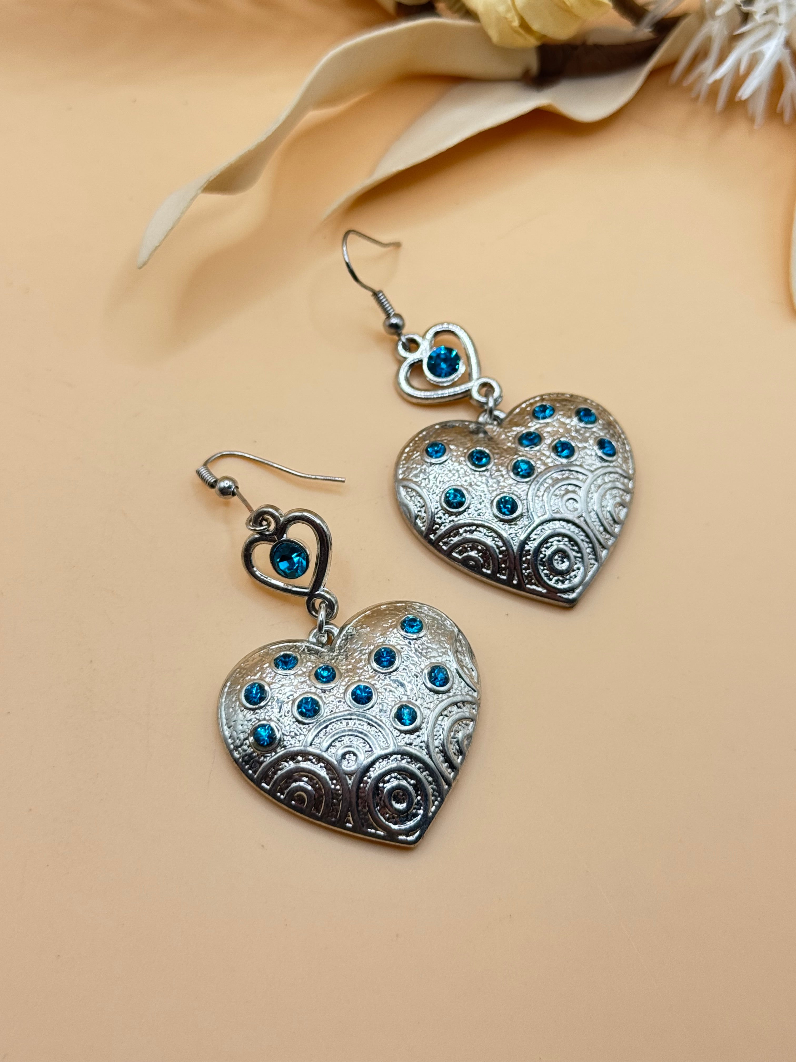 Blue Rhinestone Silver Tone Heart Dangle Earrings