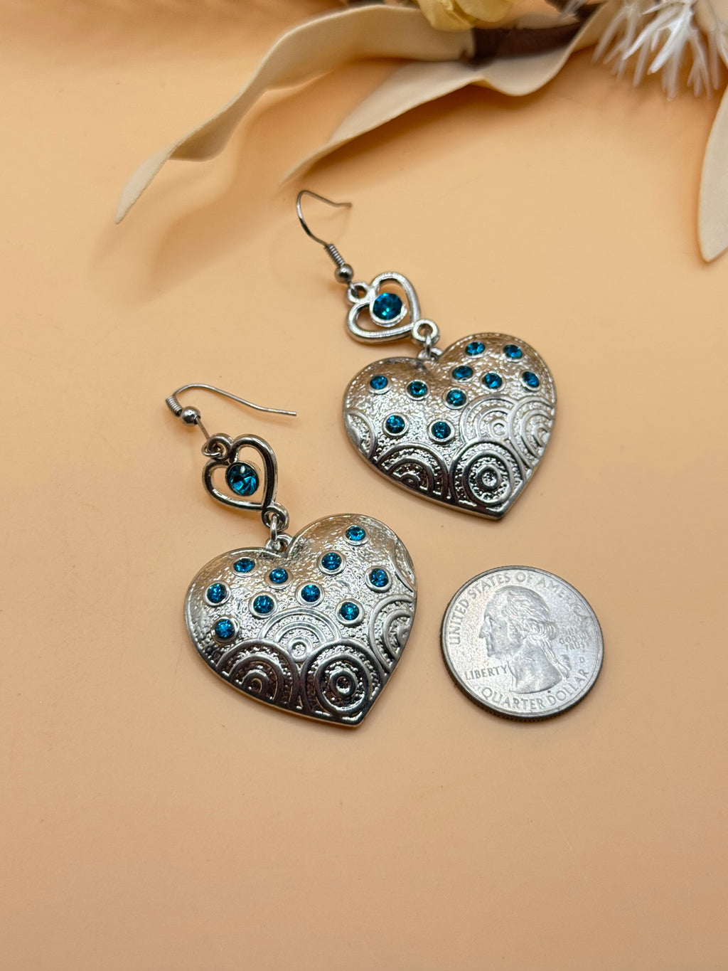 Blue Rhinestone Silver Tone Heart Dangle Earrings