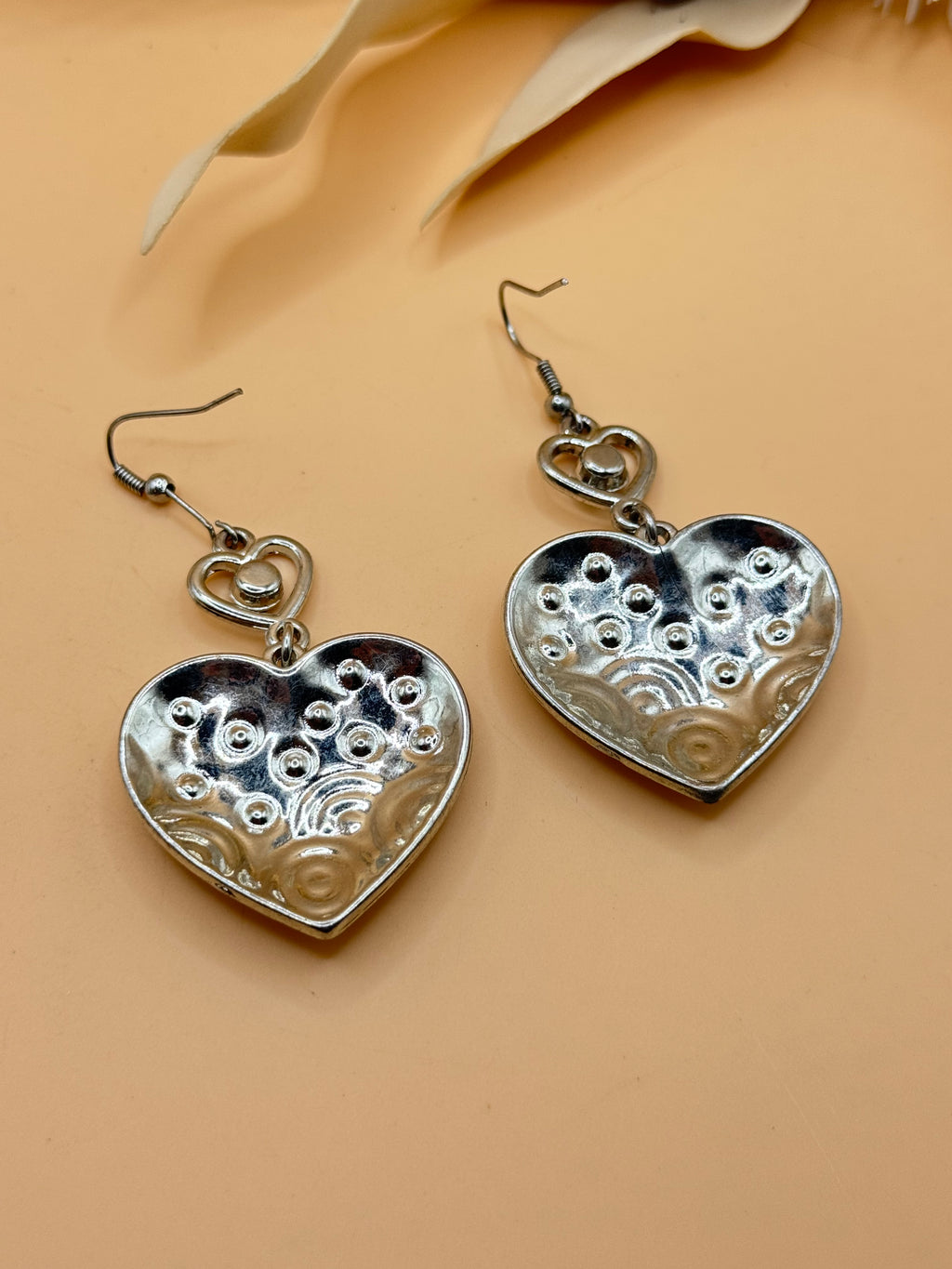 Blue Rhinestone Silver Tone Heart Dangle Earrings