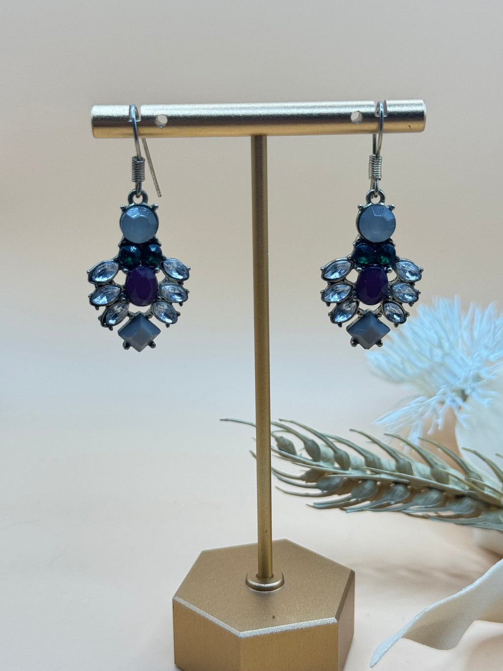 Blue and Purple Crystal Cluster Silver Tone Dangle Earrings