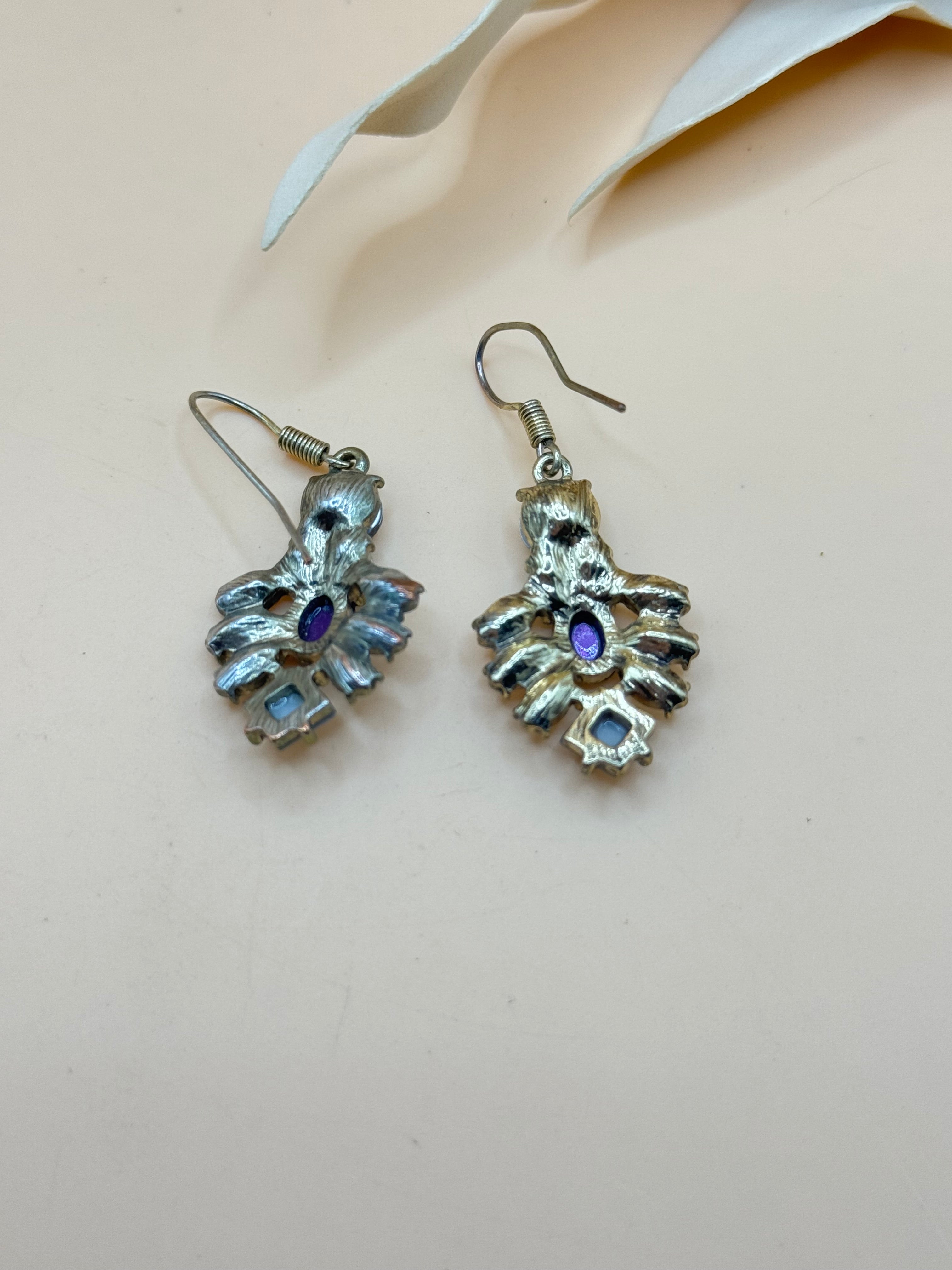 Blue and Purple Crystal Cluster Silver Tone Dangle Earrings