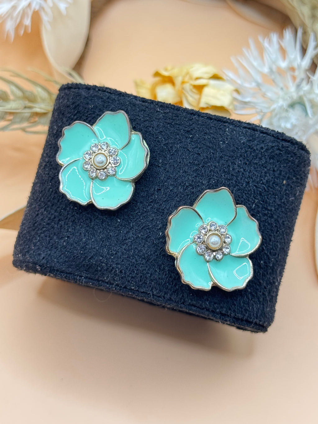 Turquoise Enamel Rhinestone Flower Stud Earrings