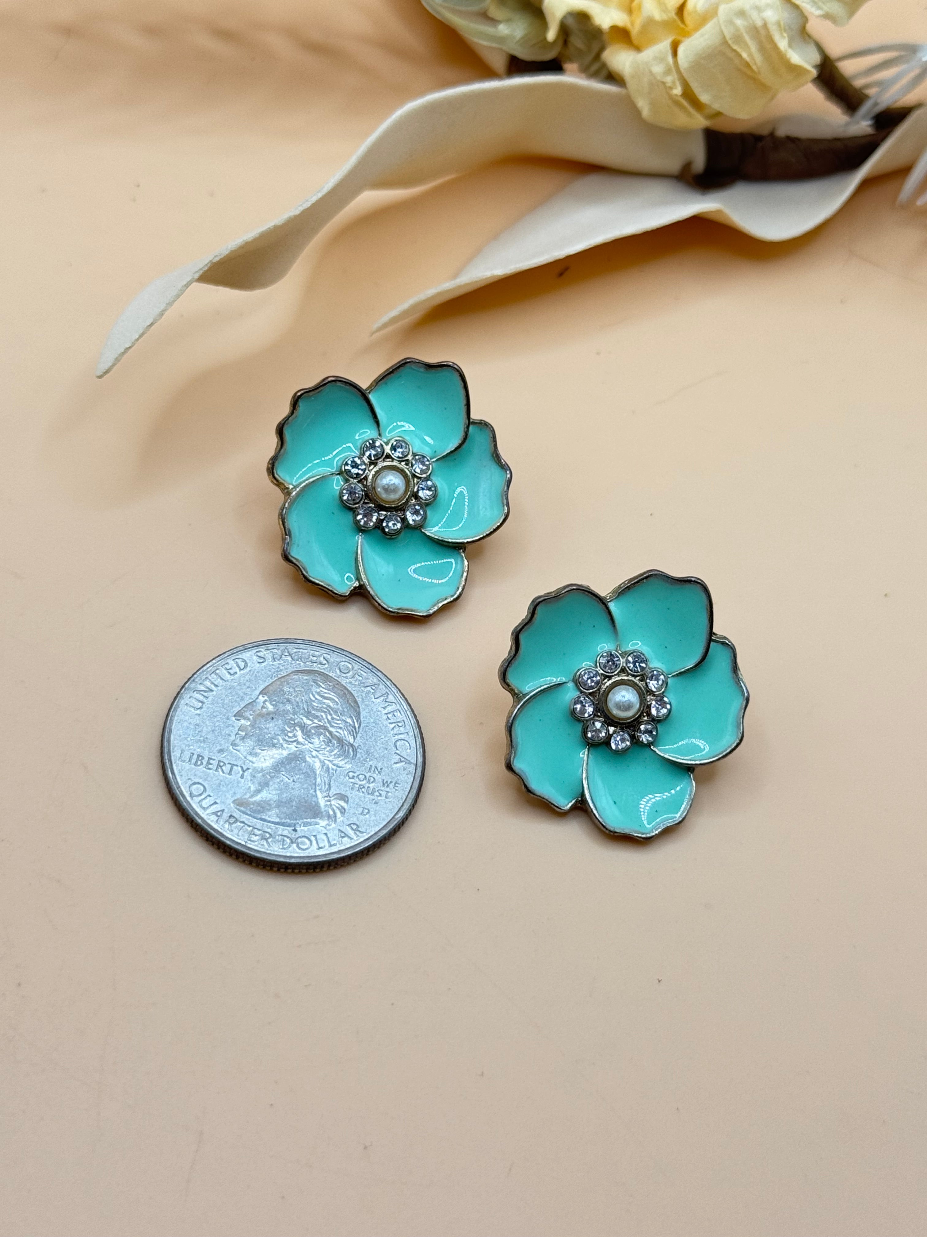 Turquoise Enamel Rhinestone Flower Stud Earrings