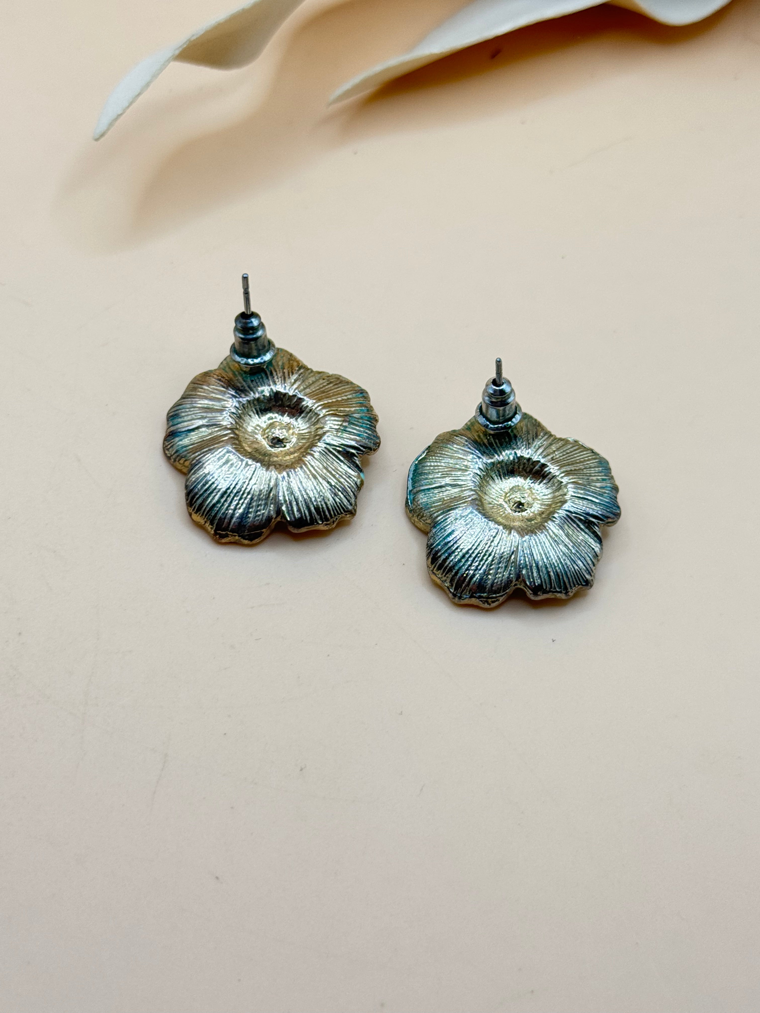 Turquoise Enamel Rhinestone Flower Stud Earrings