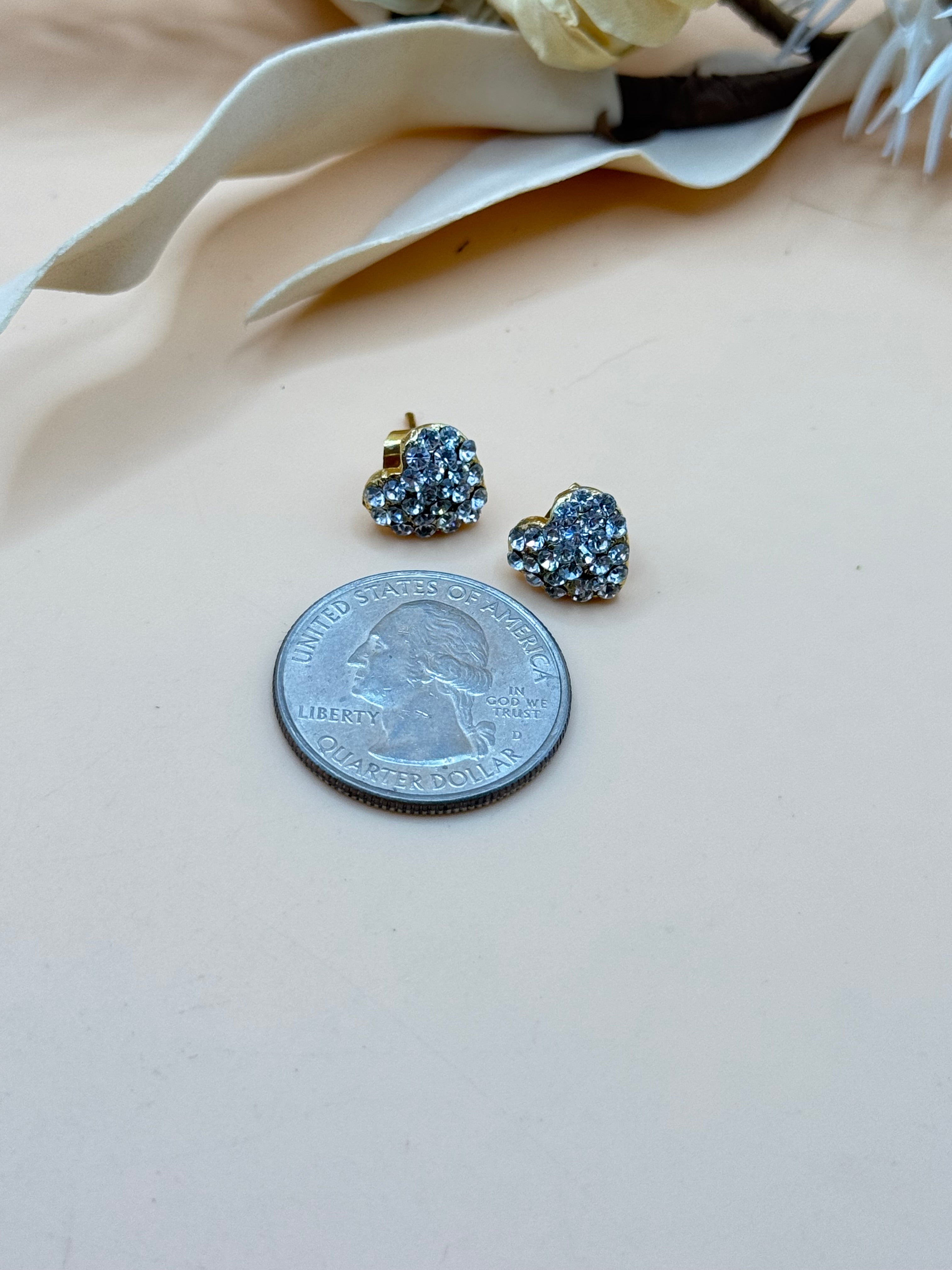 Clear Rhinestone Gold Tone Heart Stud Earrings