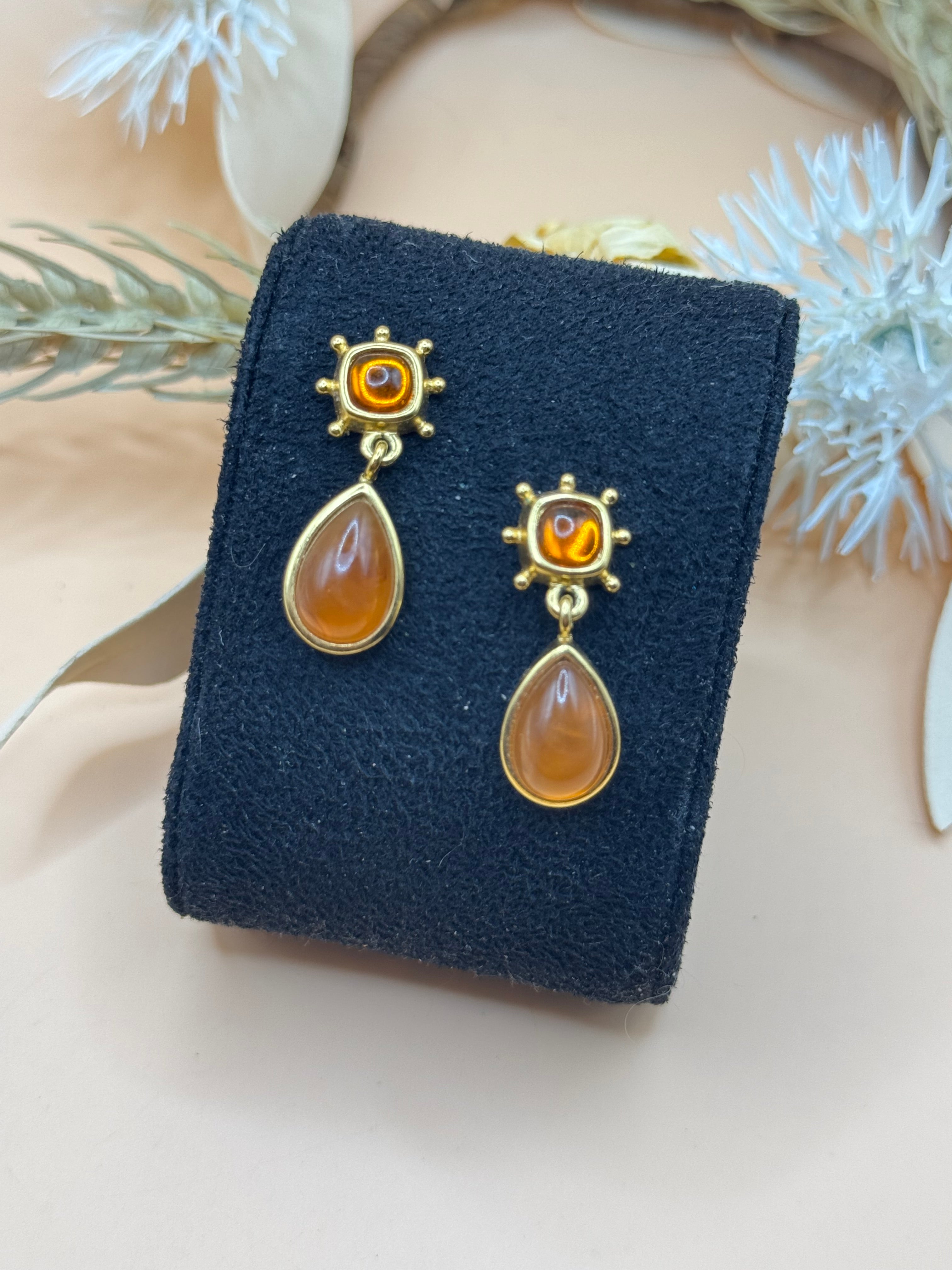 Amber Orange Cabochon Gold Tone Teardrop Dangle Earrings