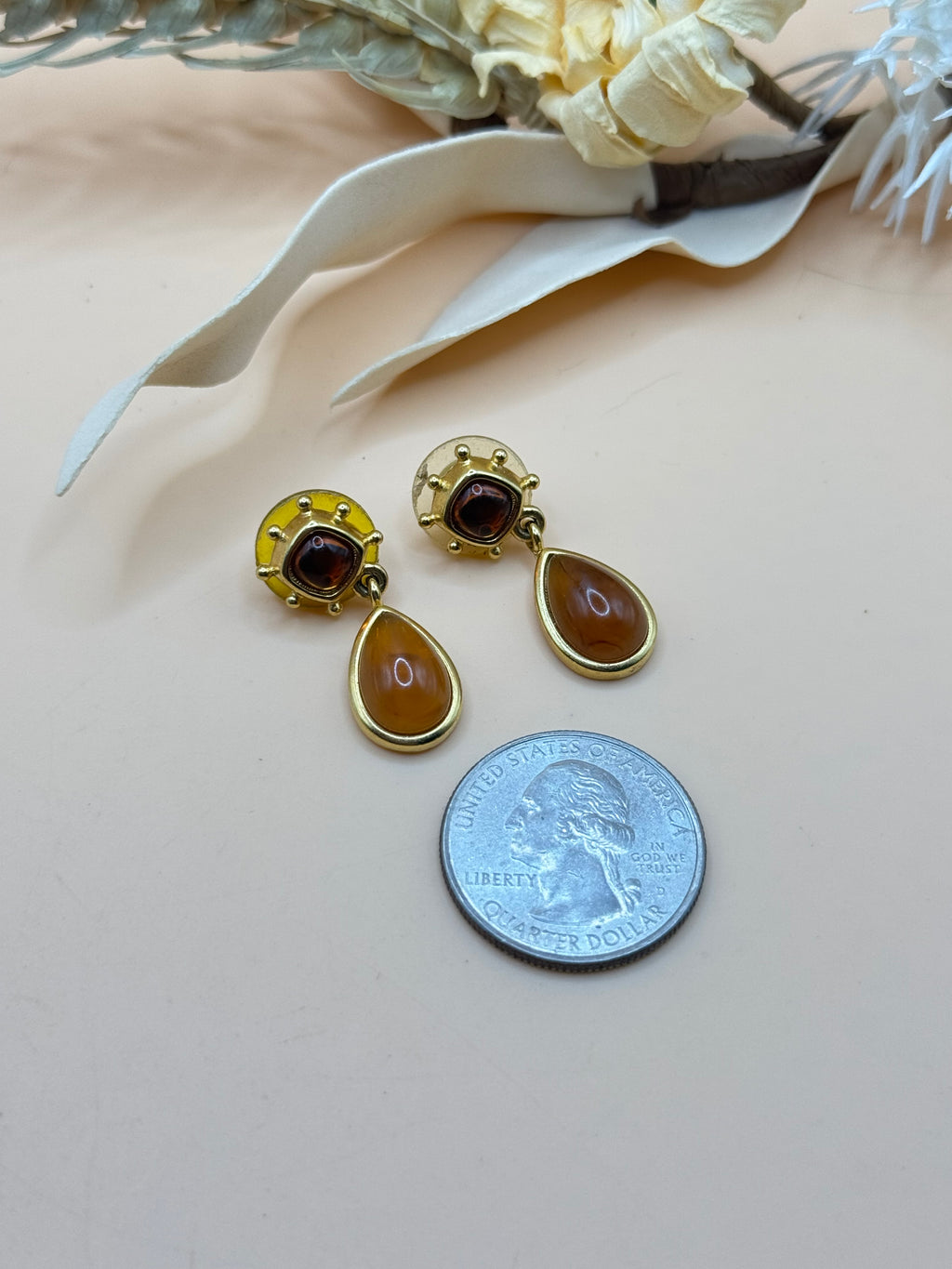 Amber Orange Cabochon Gold Tone Teardrop Dangle Earrings