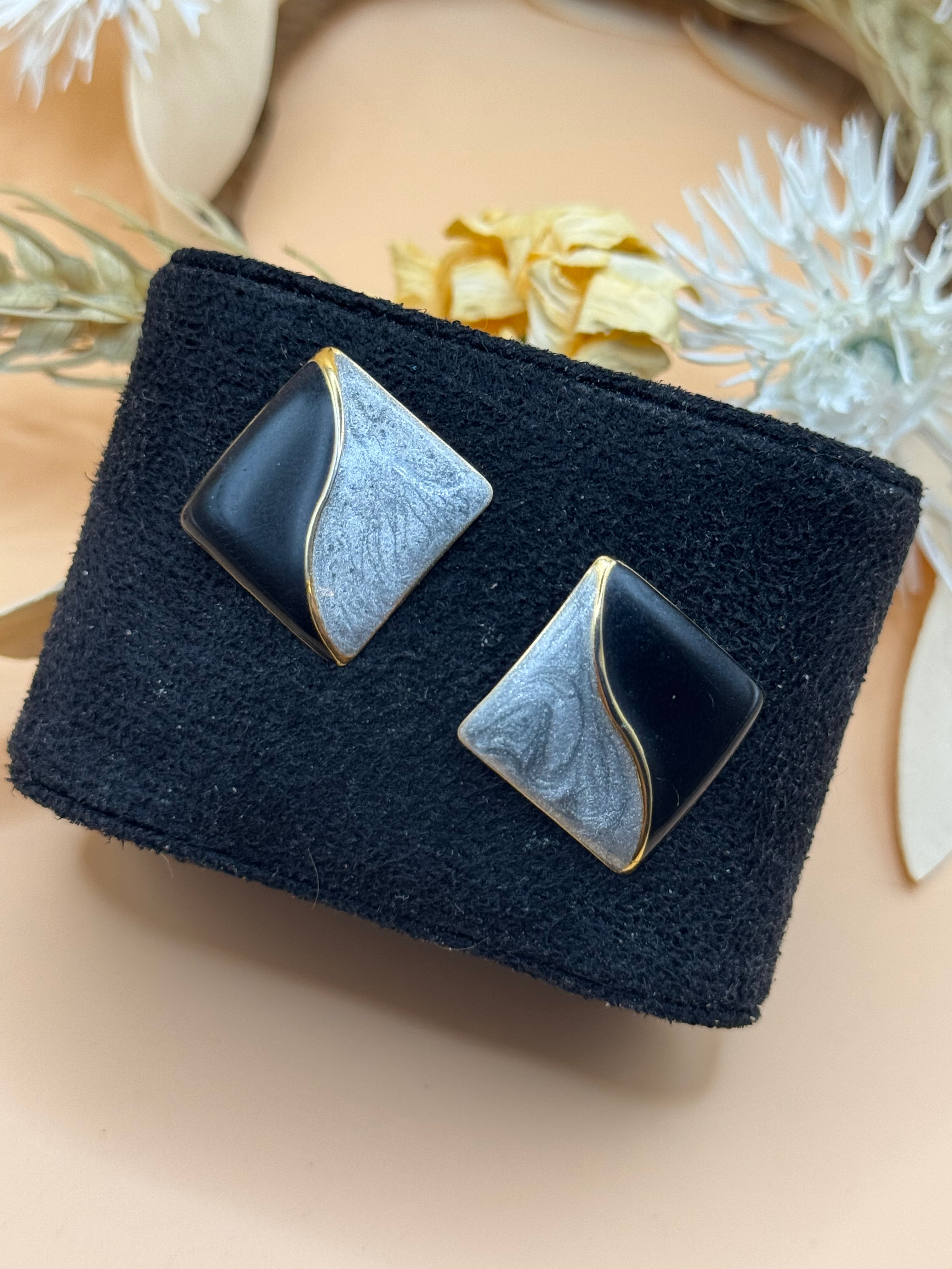 Vintage Black and Silver Geometric Statement Stud Earrings