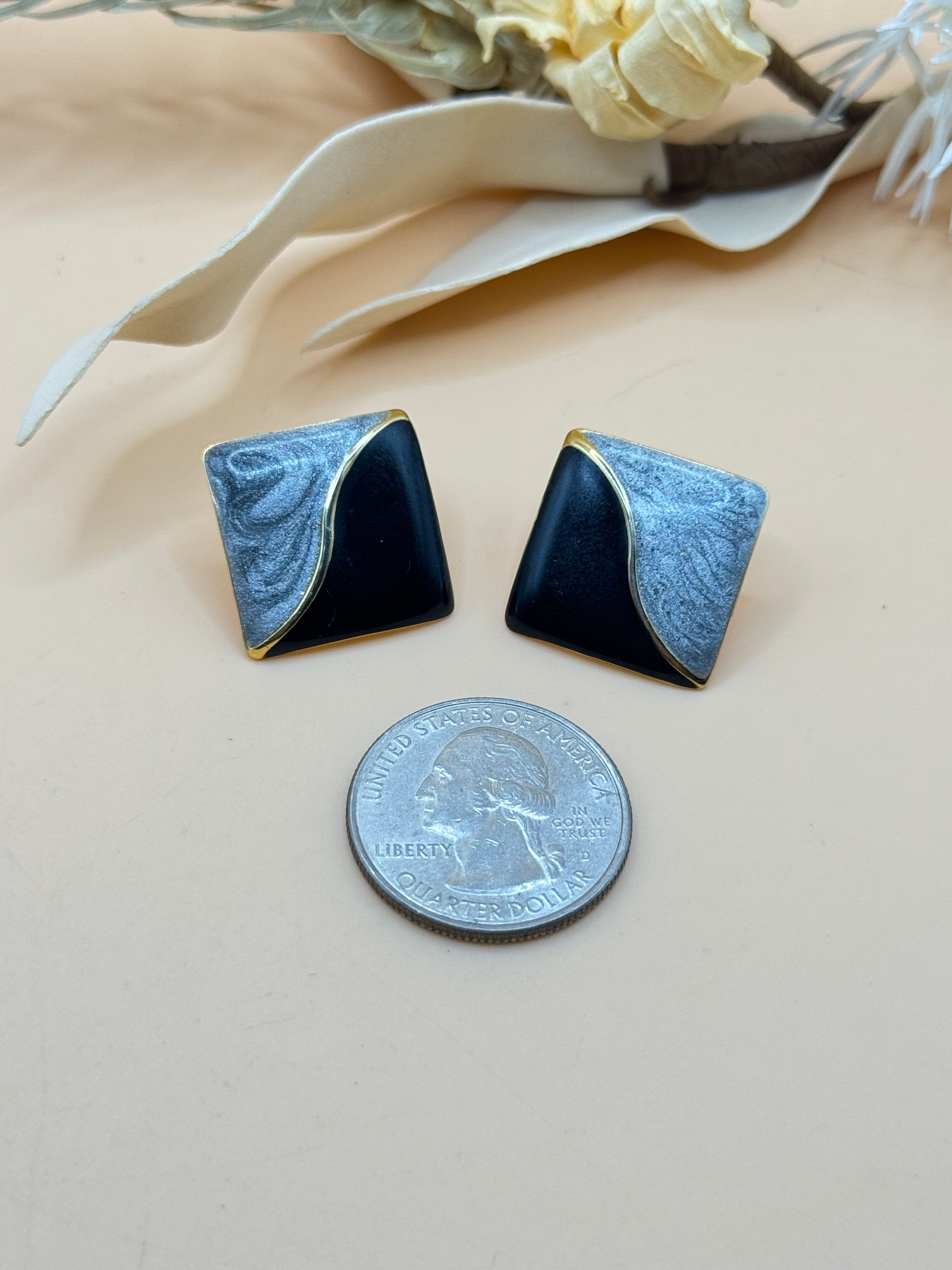 Vintage Black and Silver Geometric Statement Stud Earrings