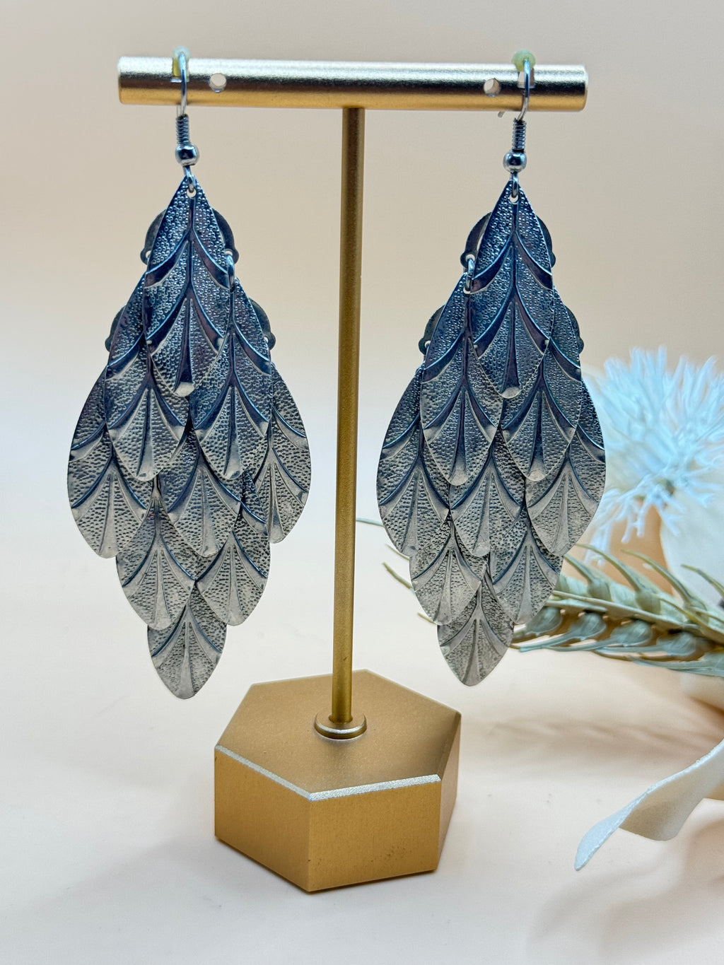 Layered Silver Tone Leaf Chandelier Dangle Earrings