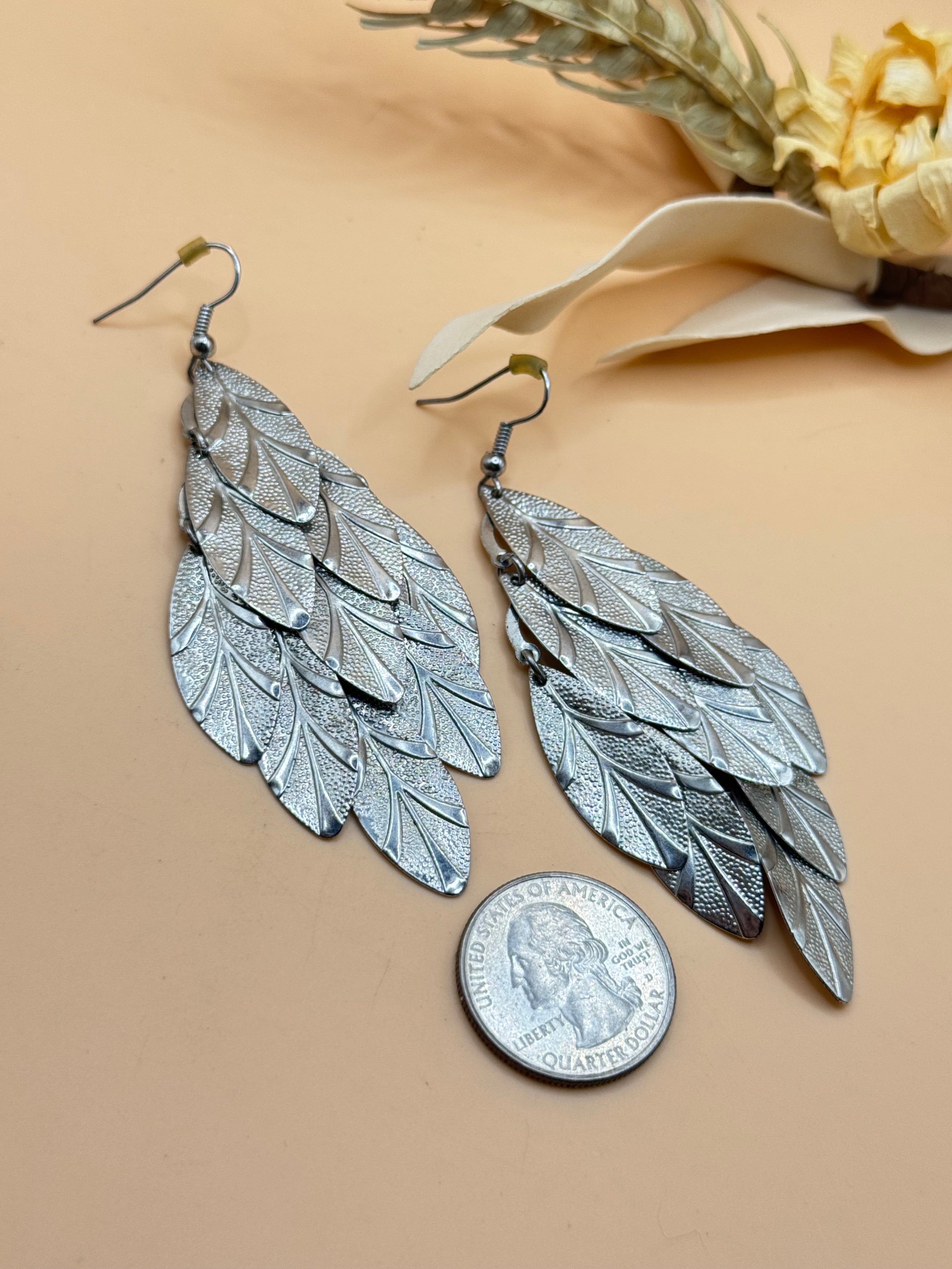 Layered Silver Tone Leaf Chandelier Dangle Earrings