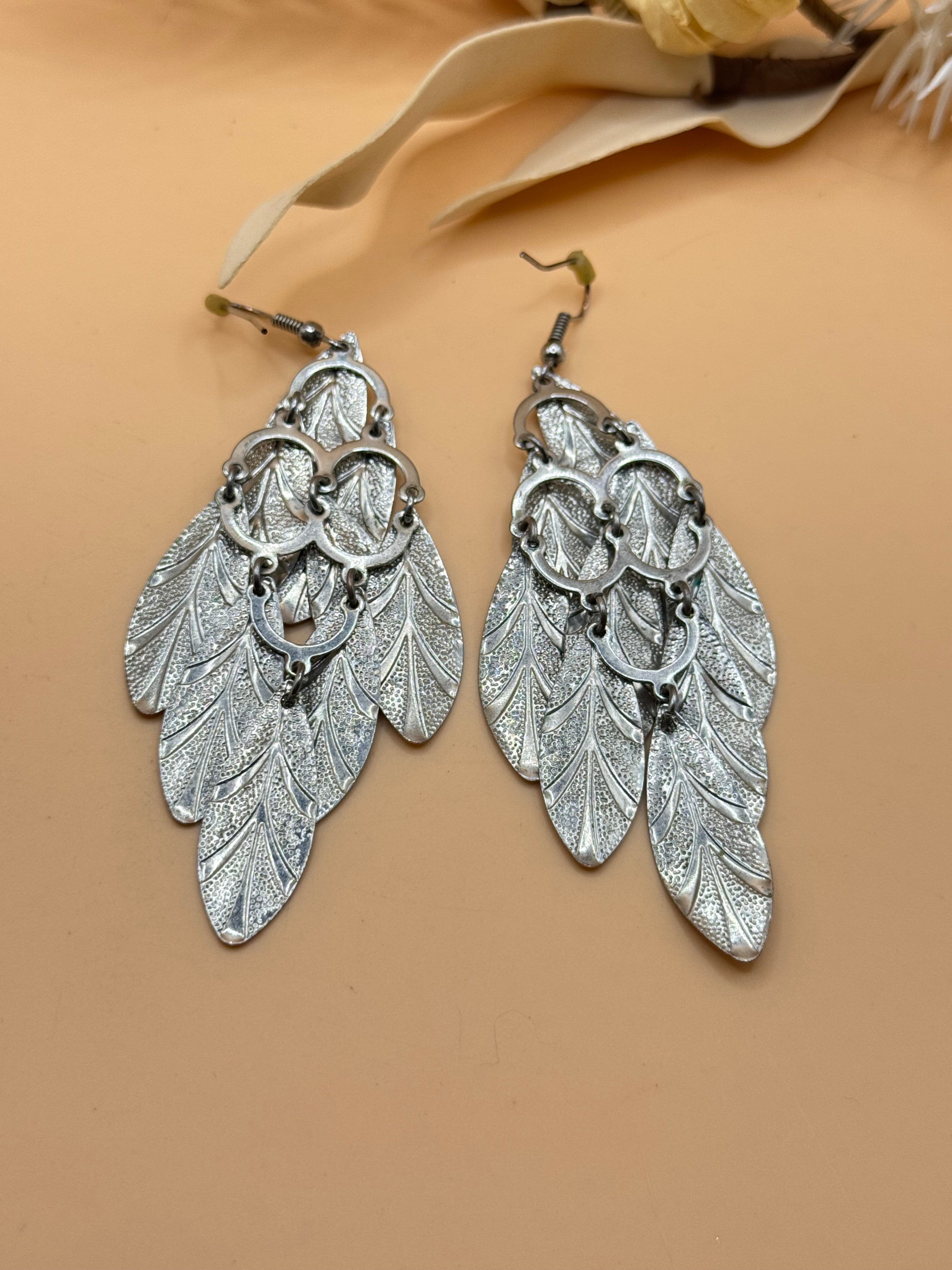 Layered Silver Tone Leaf Chandelier Dangle Earrings