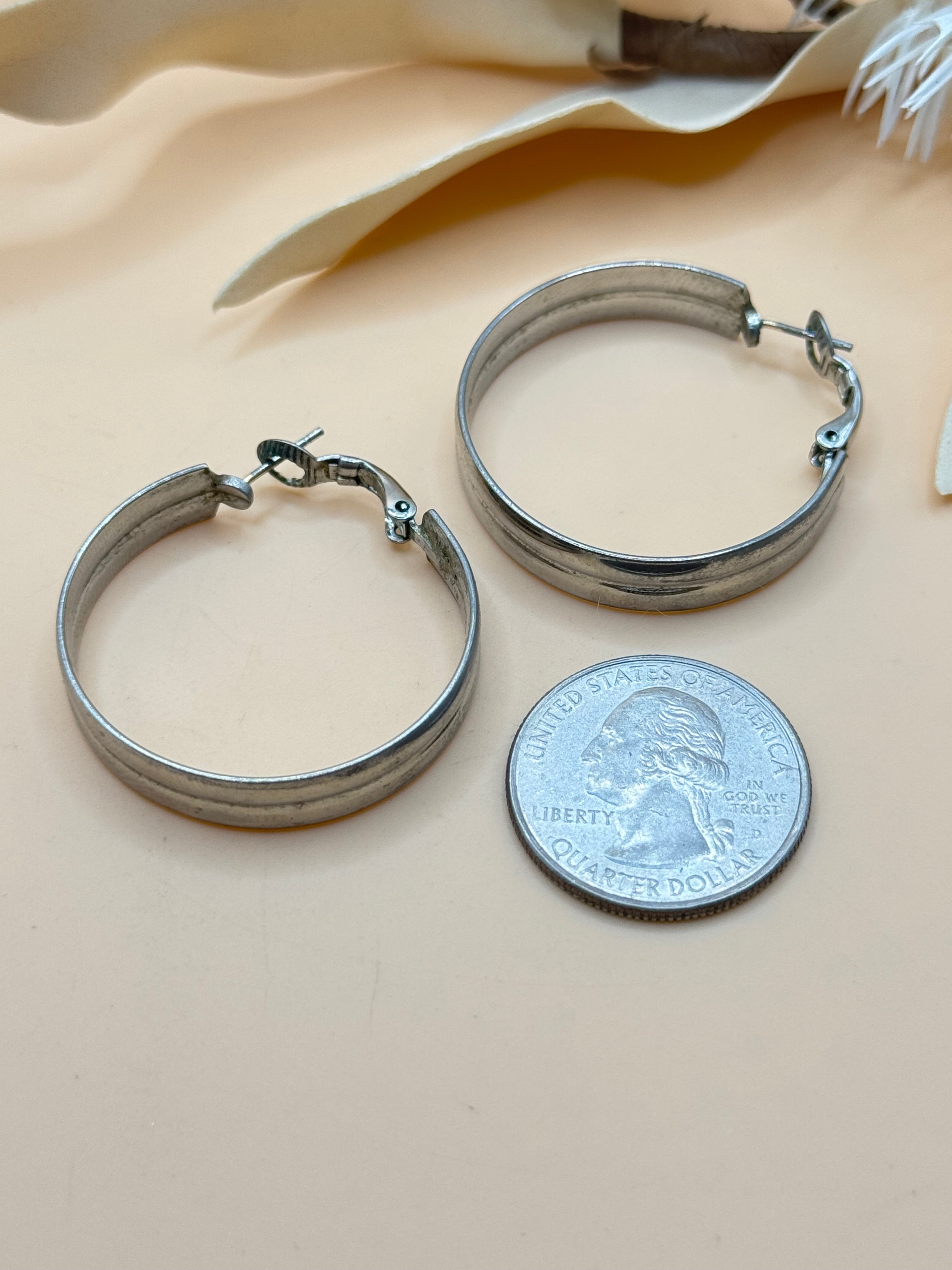 Vintage Silver Tone Double-Ridge Wide Hoop Earrings