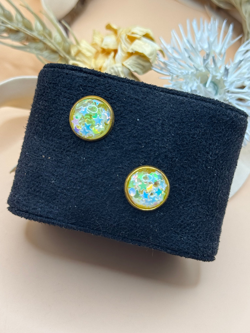 Iridescent Star Confetti Gold Tone Stud Earrings