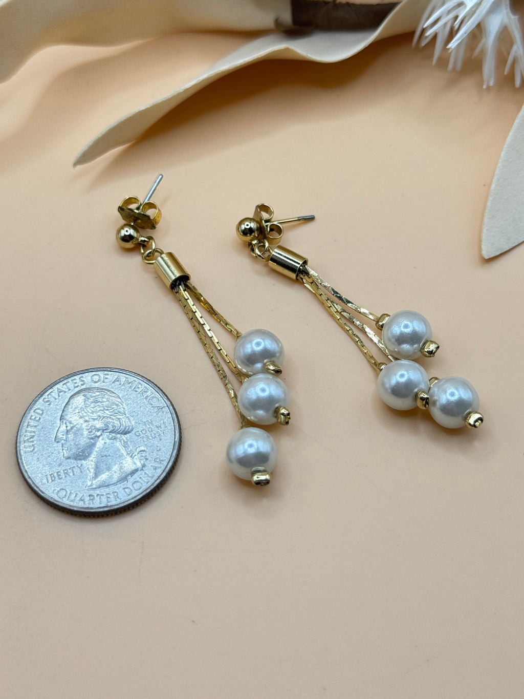 Vintage Faux Pearl Gold Tone Triple Strand Dangle Earrings
