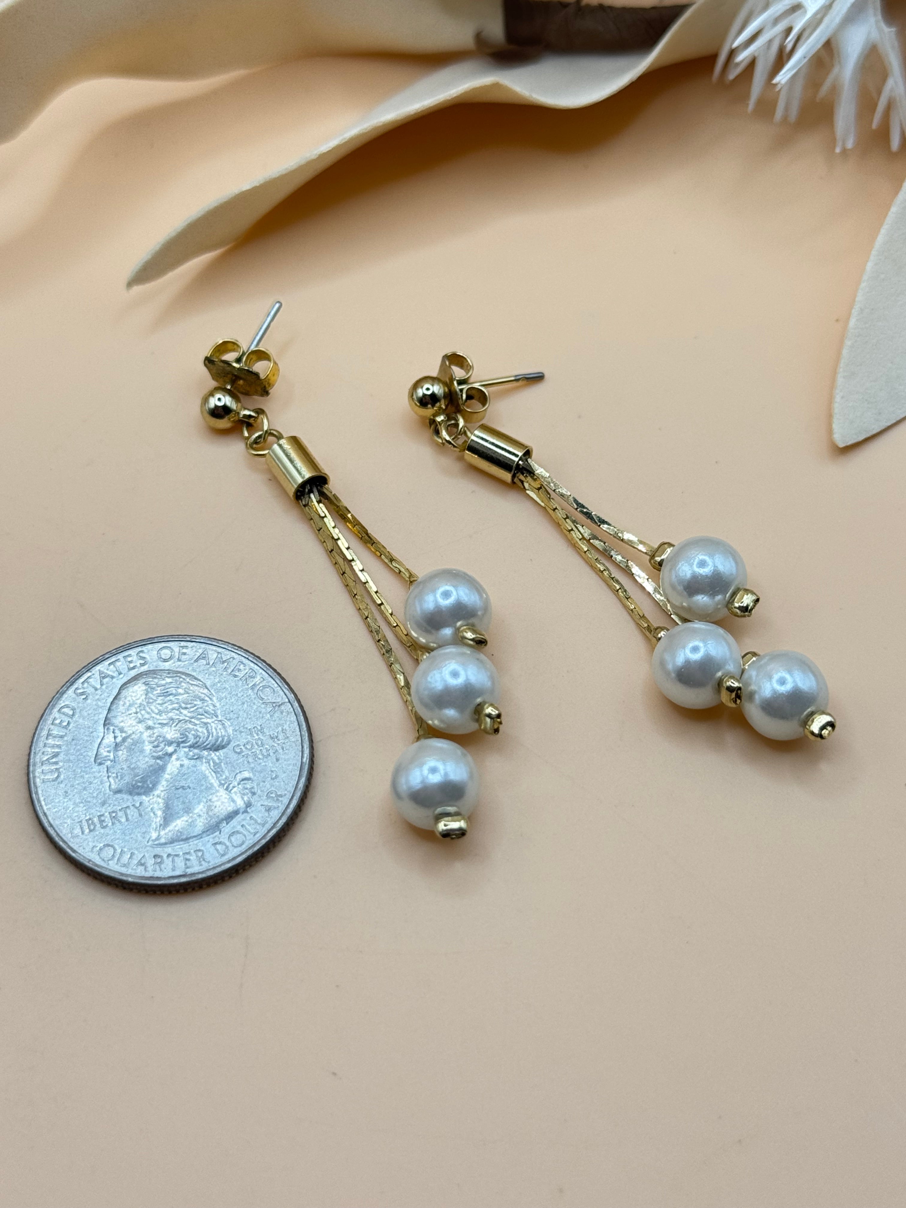 Vintage Faux Pearl Gold Tone Triple Strand Dangle Earrings