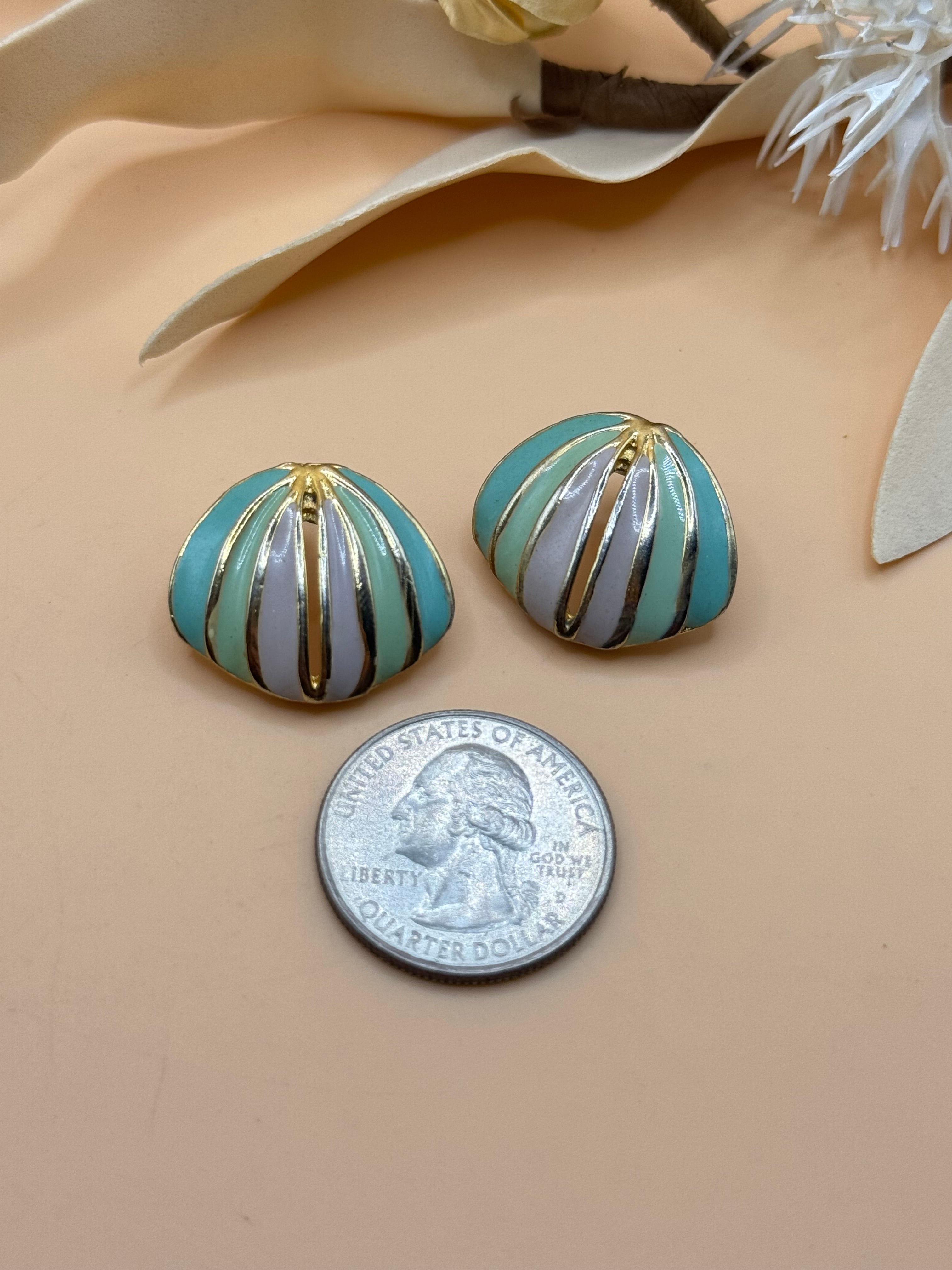 Vintage Pastel Enamel Gold Tone Domed Stud Earrings