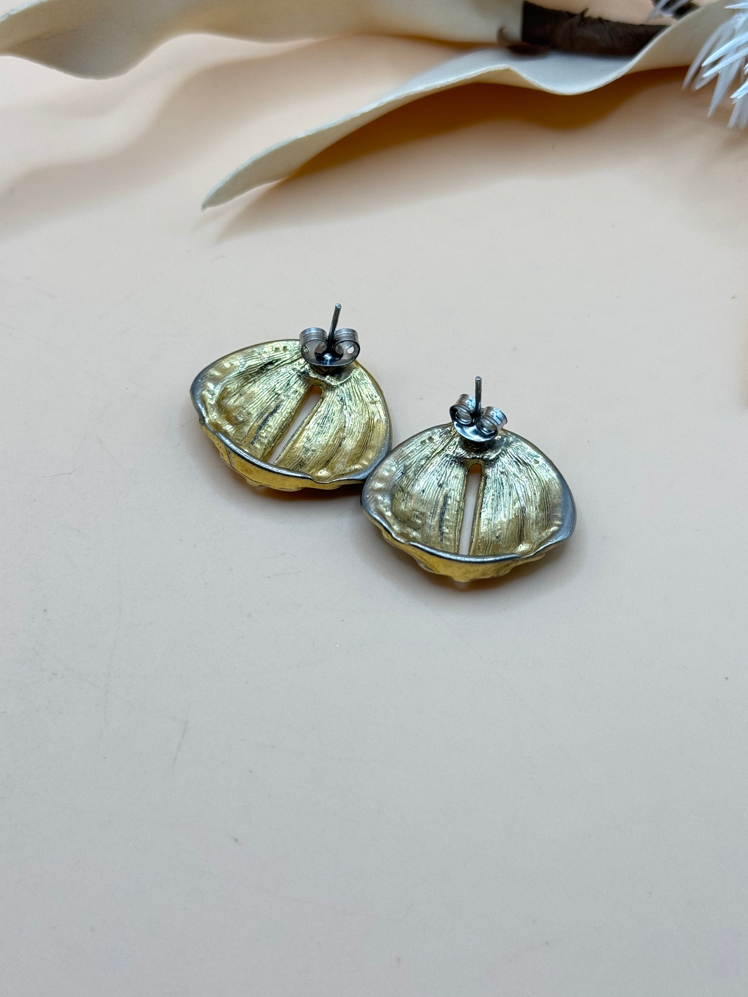 Vintage Pastel Enamel Gold Tone Domed Stud Earrings