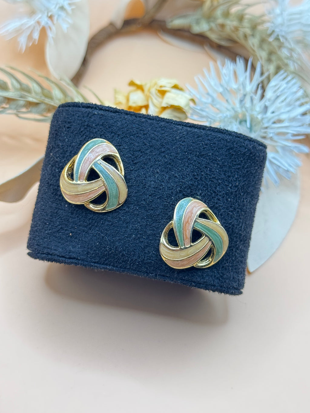 Vintage Pastel Enamel Gold Tone Knot Stud Earrings