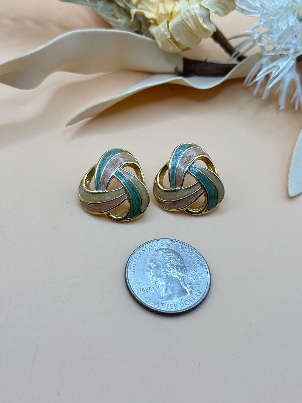 Vintage Pastel Enamel Gold Tone Knot Stud Earrings