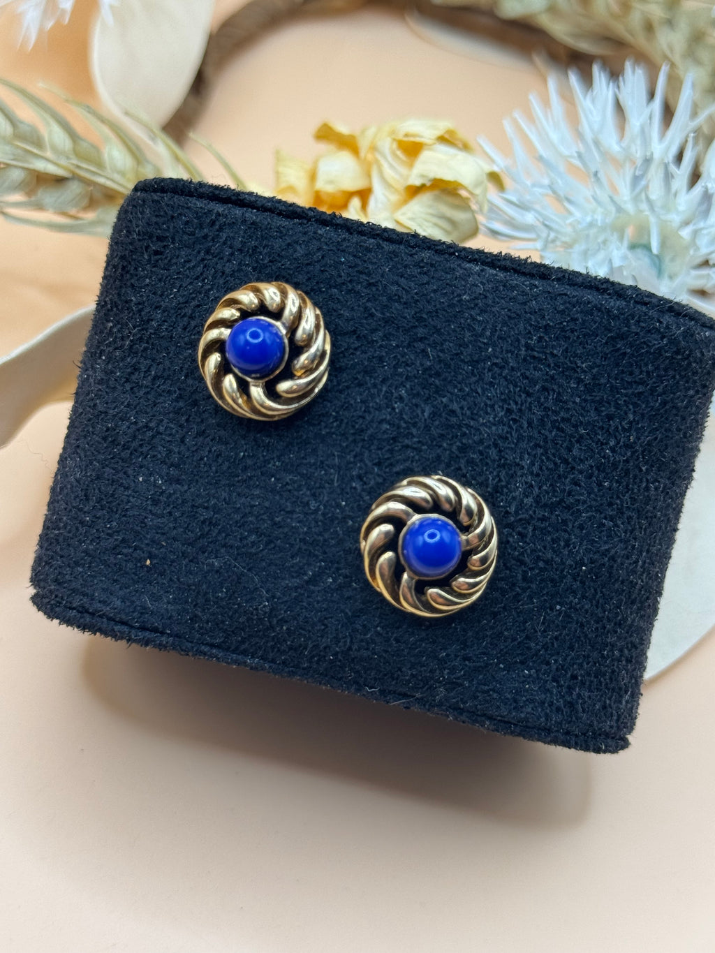 Vintage Cobalt Blue Cabochon Gold Tone Swirl Stud Earrings