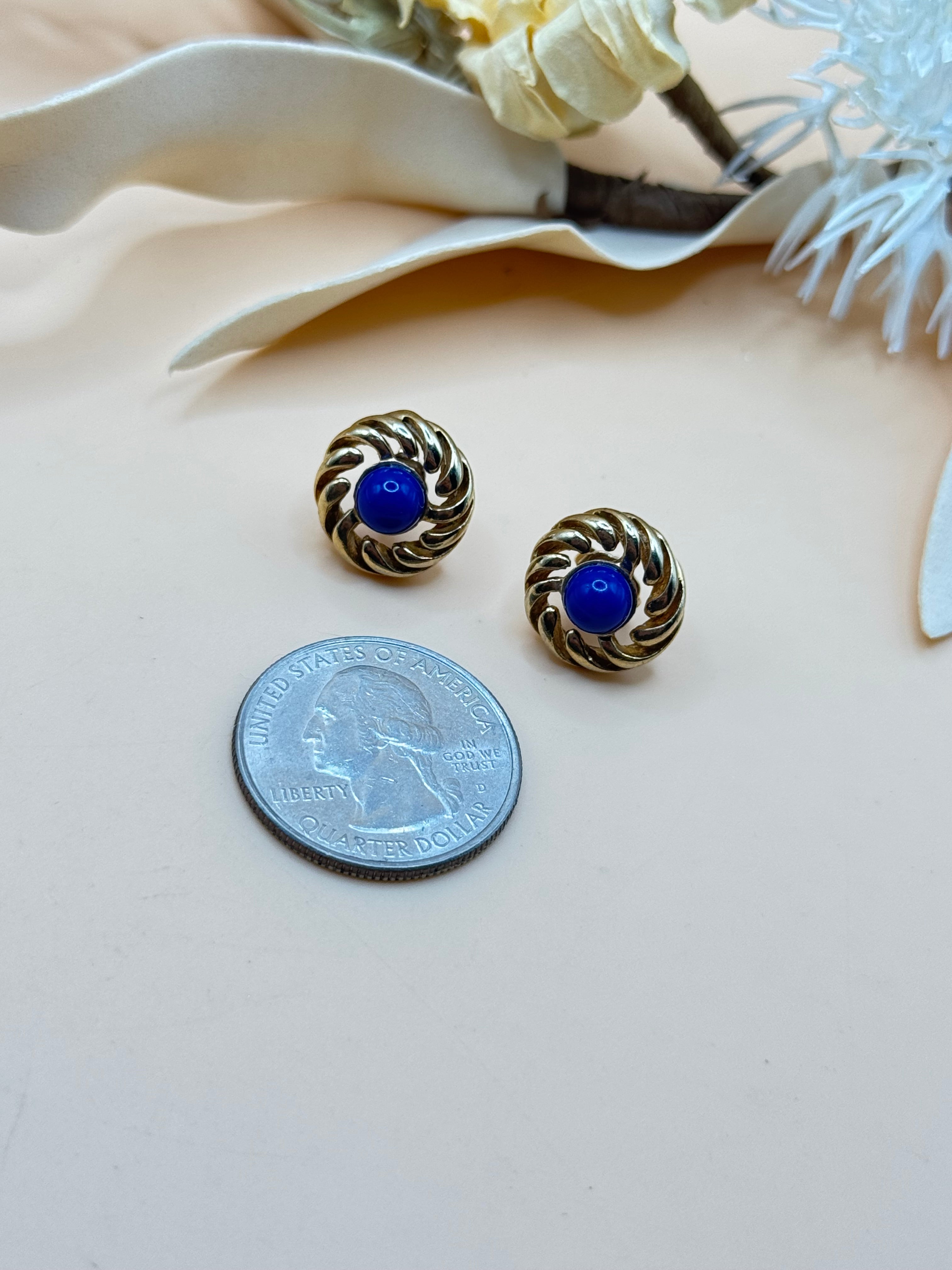 Vintage Cobalt Blue Cabochon Gold Tone Swirl Stud Earrings