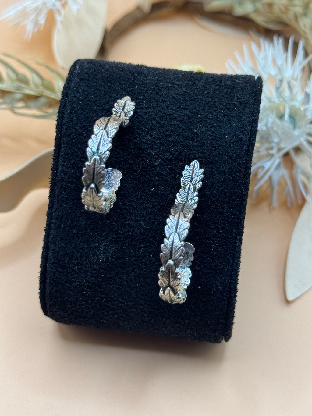 Vintage Silver Tone Oak Leaf Hoop Stud Earrings