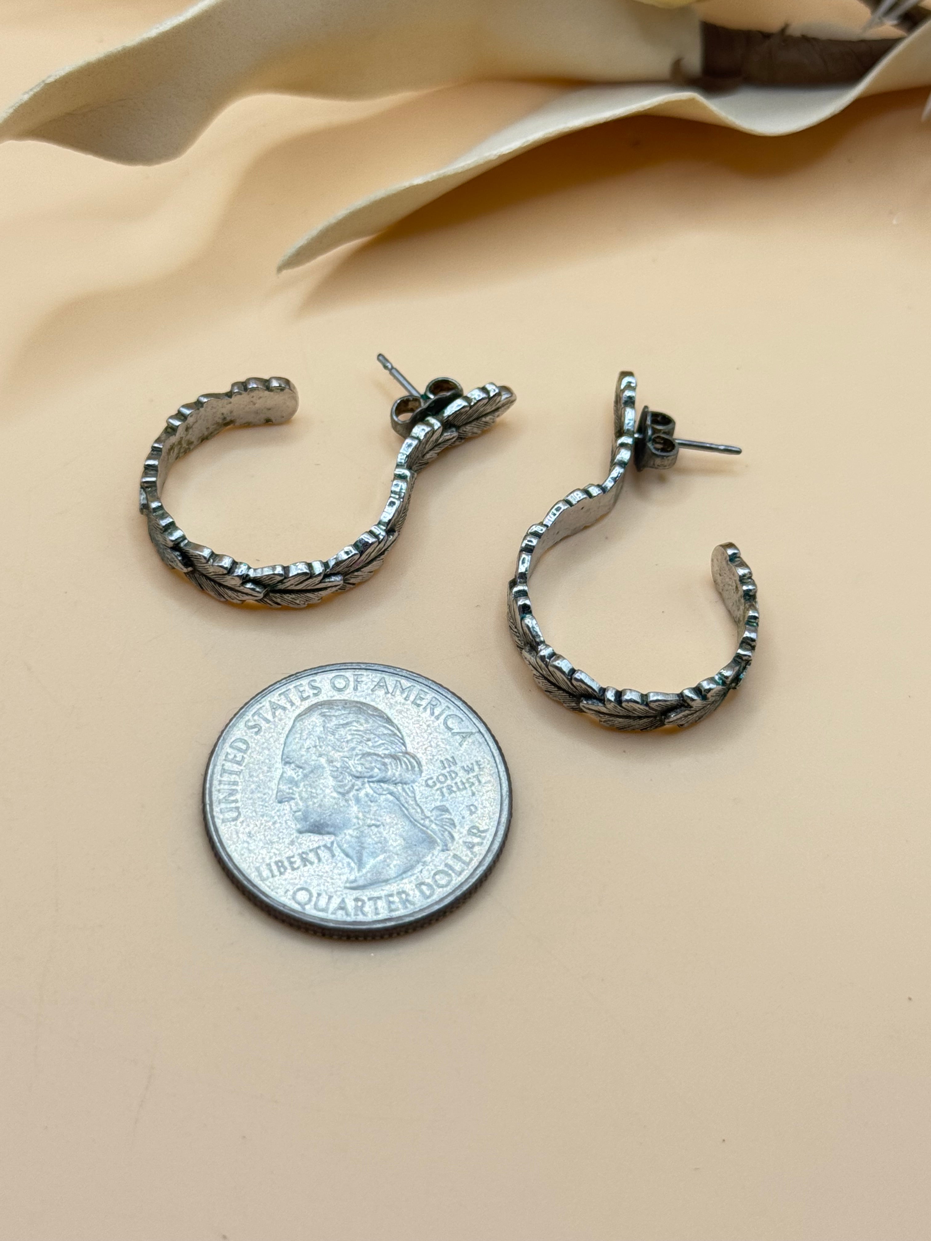Vintage Silver Tone Oak Leaf Hoop Stud Earrings