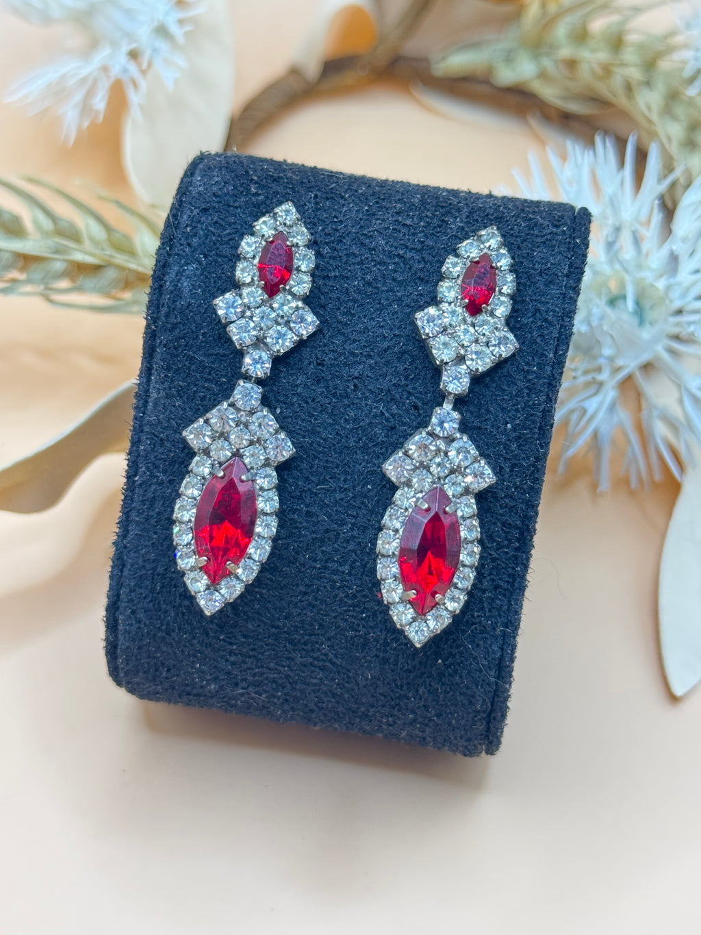 Vintage Red Marquise Rhinestone Dangle Statement Earrings