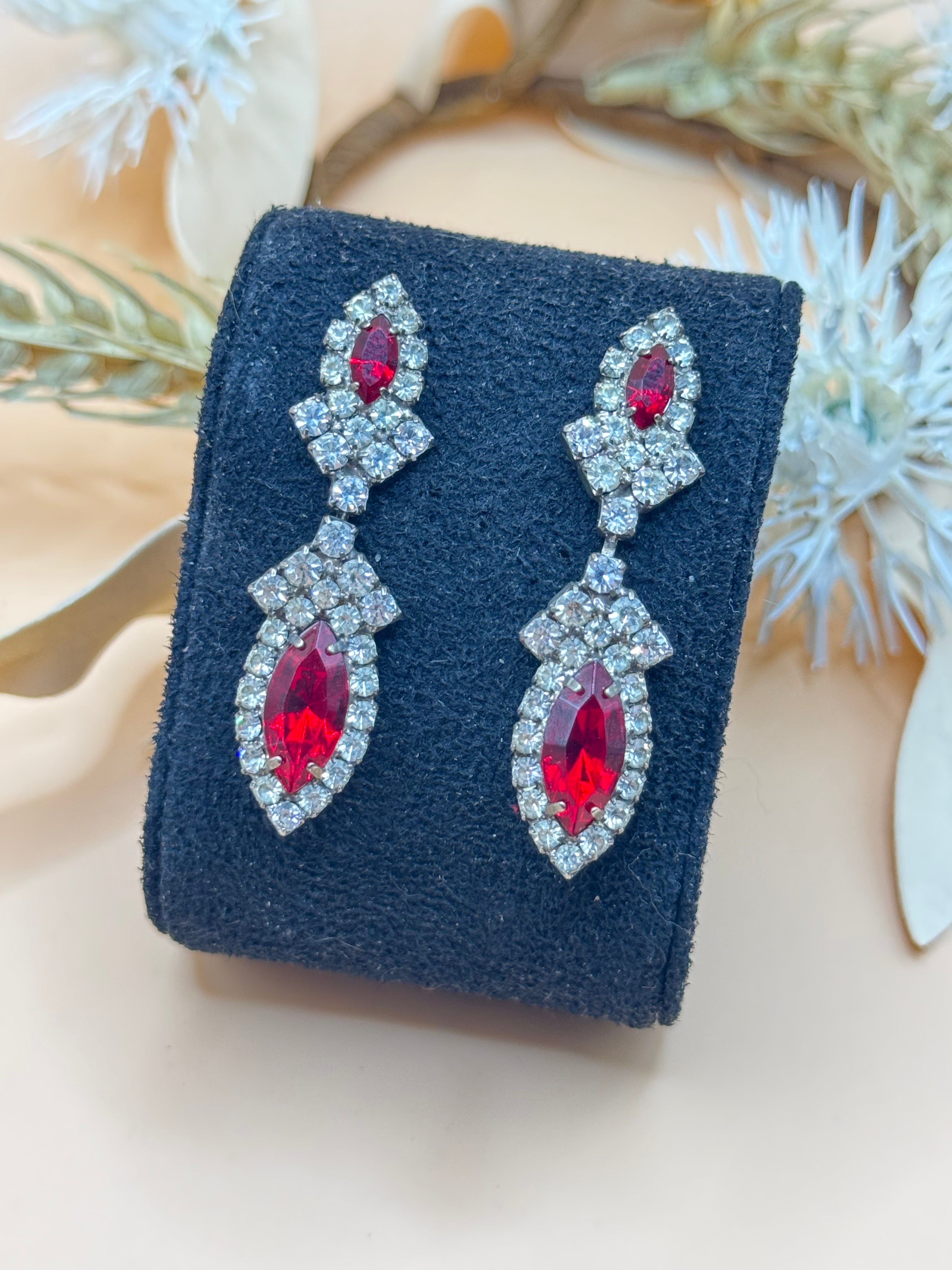 Vintage Red Marquise Rhinestone Dangle Statement Earrings